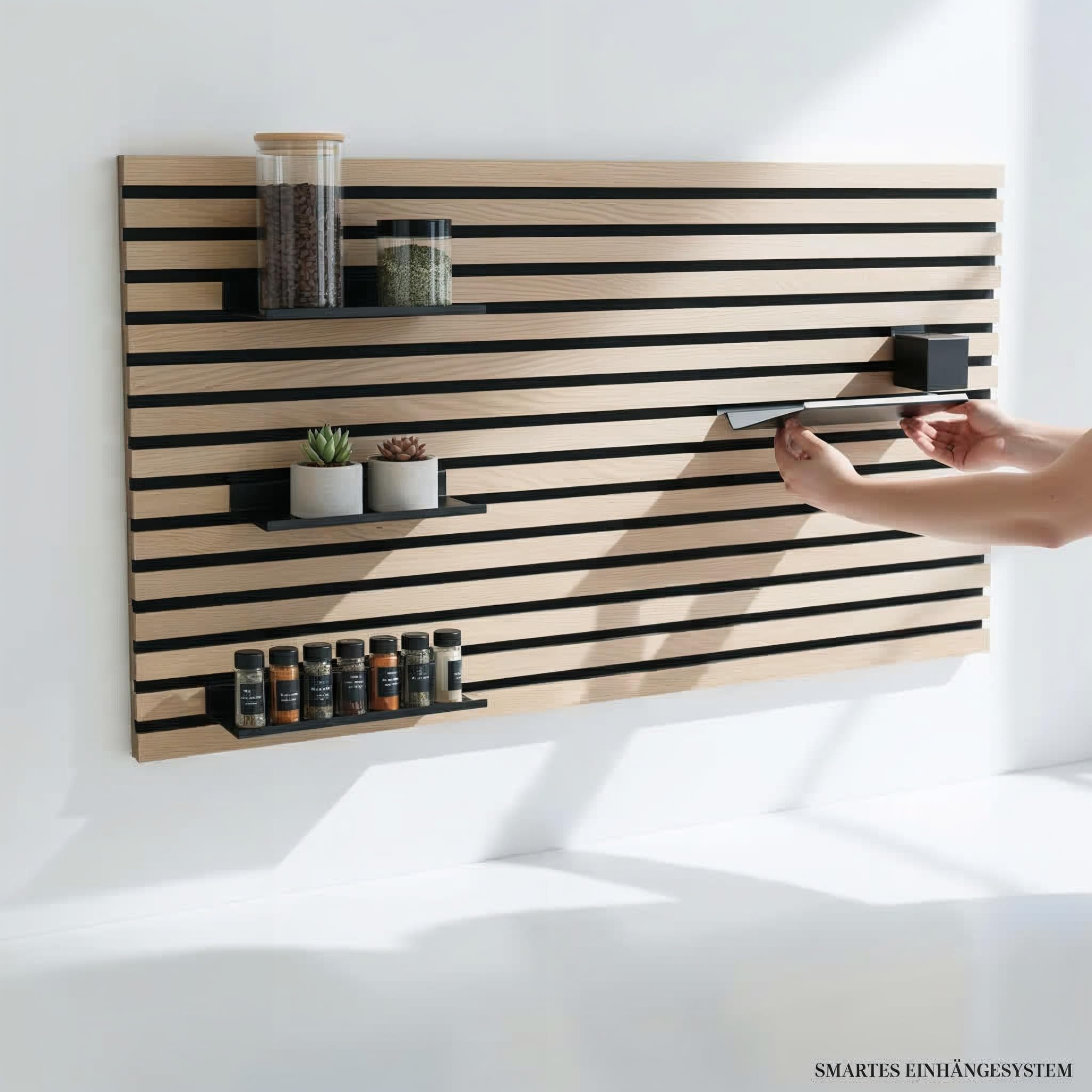 Steinmine - Designmanufaktur Wandorganizer (60 x 120 cm) - Akustikpaneel mit Eichenholzlamellen - inkl. Zubehör - einfache Montage - für Büro, Flur, Küche, Bad und mehr