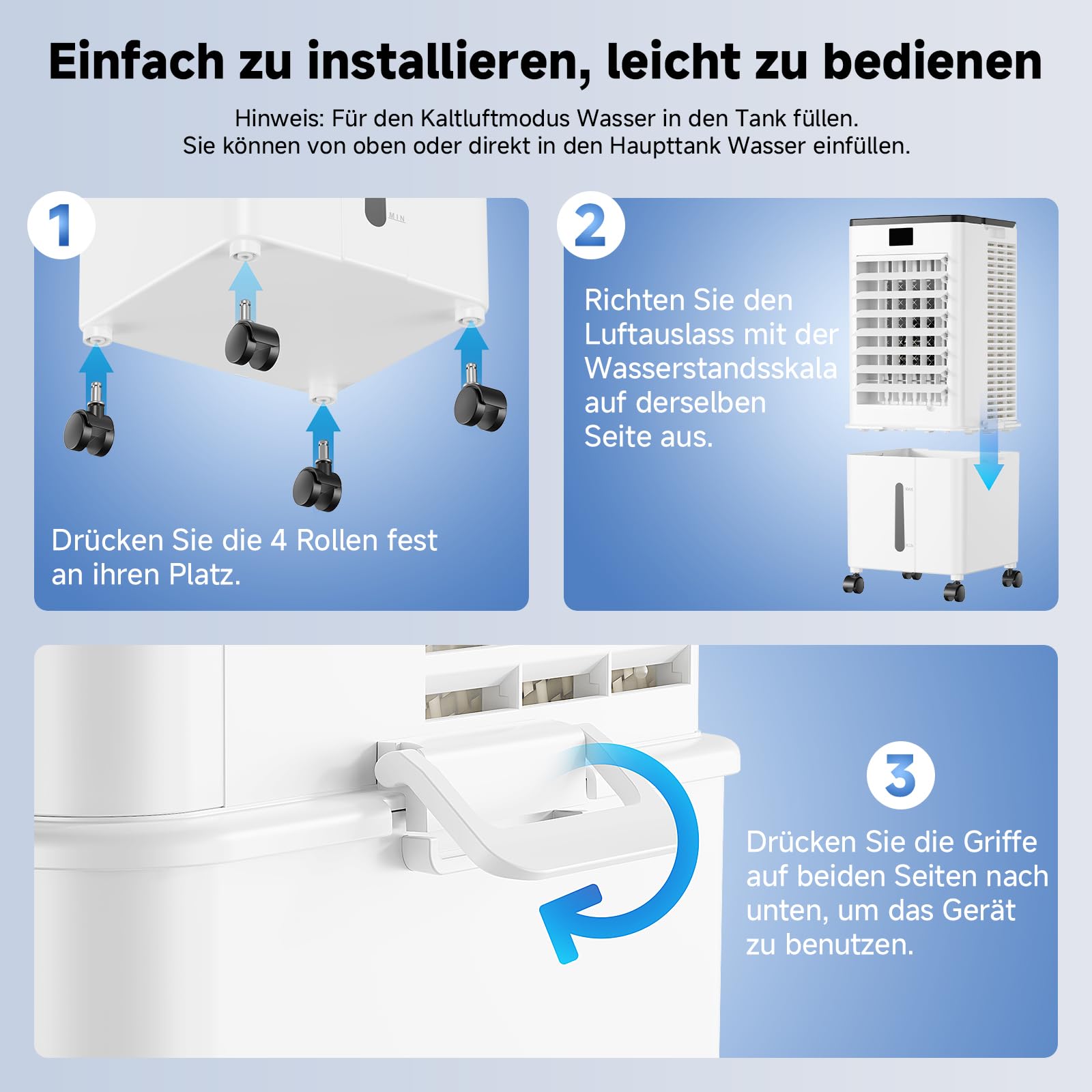 4-in-1 tragbares Klimagerät, Verdunstungsluftkühler mit 10L Wassertank, 4 Modi und 3 Geschwindigkeiten, 1-12h Timer mit Rollen, für Zuhause (Silberweiß)