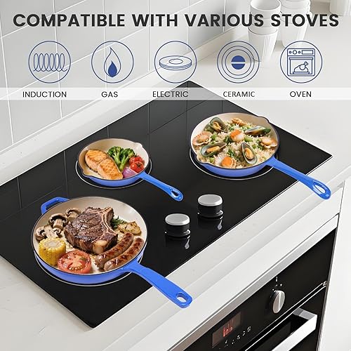 Miniatura 5 de Hisencn Sartén de Hierro Fundido Esmaltado - Juego de Sartenes con Recubrimiento Cerámico de 8''9.5''11'', Compatible con