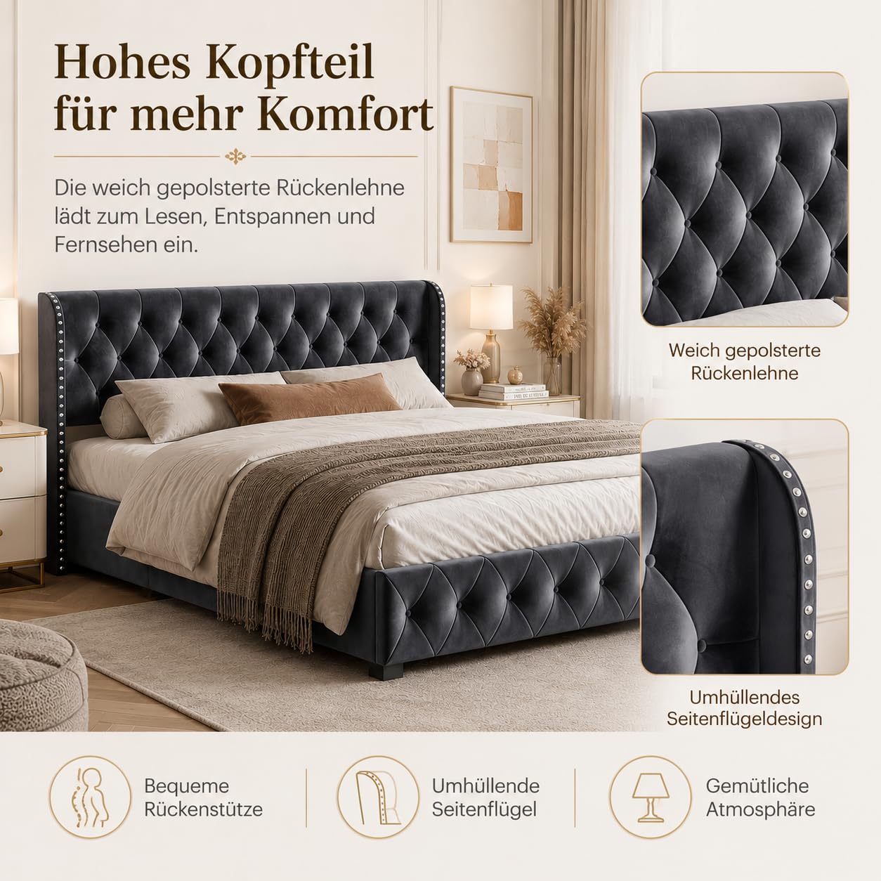 Polsterbett 140 x 200 cm, Hydraulisch Gepolstertes Doppelbett mit Stauraum, Doppelbett mit Lattenrost aus Samt, Moderner Komfort in Grau, ohne Matratze (140x200cm)