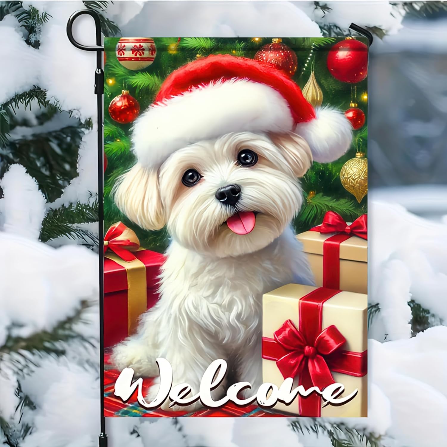 Christmas Maltese Puppy Garden Flag 12x18 Inch Double Sided Holiday Dog Welcome Yard Banner Winter Snow Scene Christmas Tree Gift Box Outdoor Lawn Porch Patio Pathway Seasonal Home Decor - Image 6