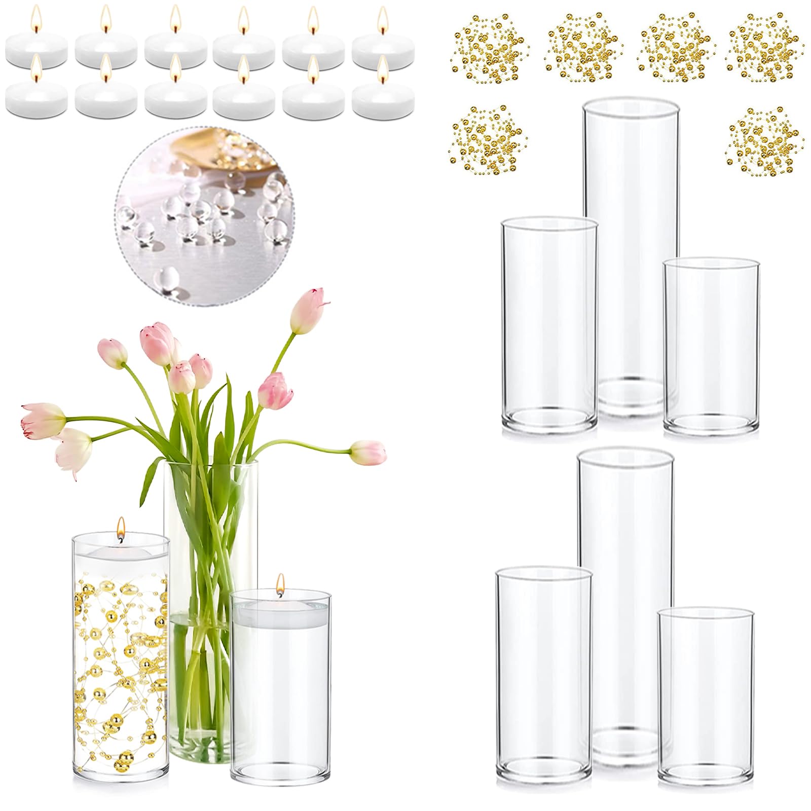 PNJHDZ Set of 6 Glass Cylinder Vases for Centerpieces with 4 Pack Vase Filler 6 Pearl String 12 White Floating Candles for Centerpieces, Center Pieces