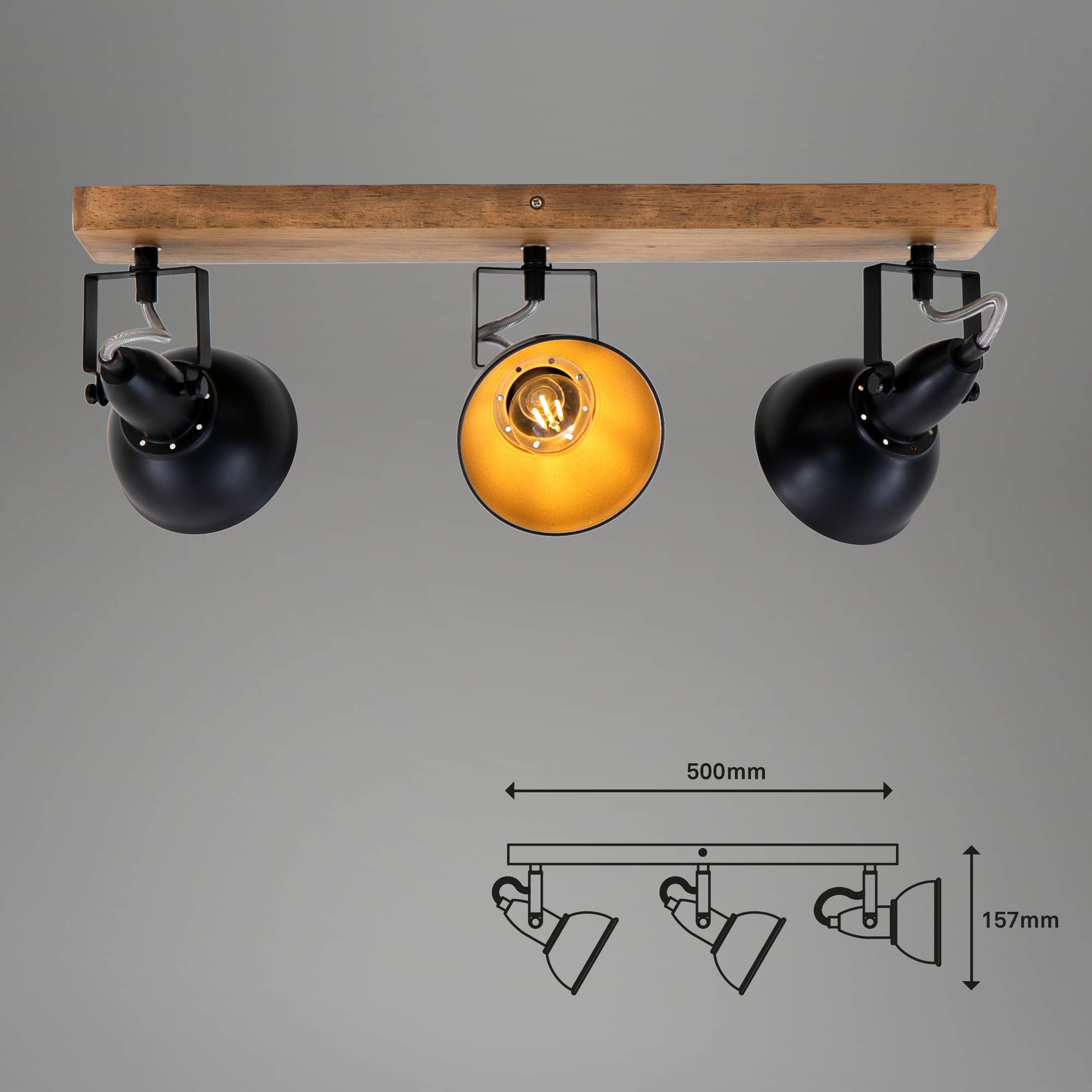 BRILONER Leuchten Faretto, Lampada da Parete retrò, Vintage, Girevole e inclinabile, 3X E14, Metallo-Legno, Nero-Oro, 500x110x157mm (LxPxH)