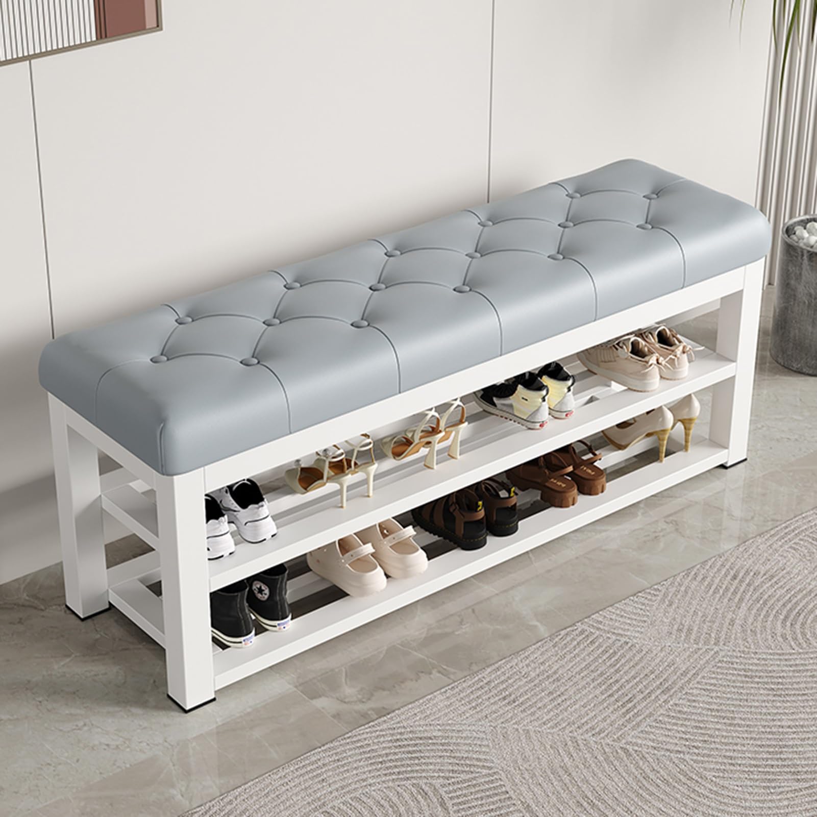LWJSOCP Cushioned Shoe Bench with 2 Tier Shoe Rack Faux Leather & Metal Frame Entryway for Bedroom Living Room Hallway Stylish White (31.5in/80cm)
