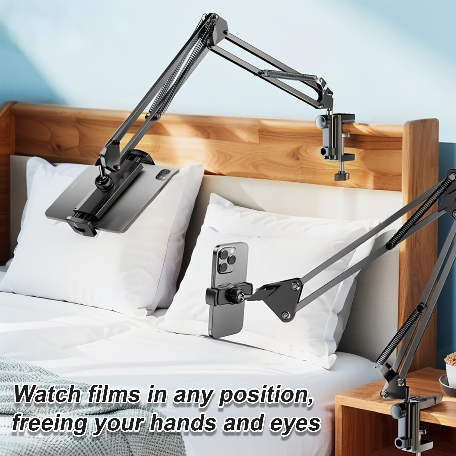 Support Telephone Lit, Flexible Long Bras Rotation 360° Réglable, 4,7-12,9 Pouces, Lisez en Position Allongée sans Avoir à Tenir Votre Kindle, Votre Téléphone Portable ou Votre Tablette
