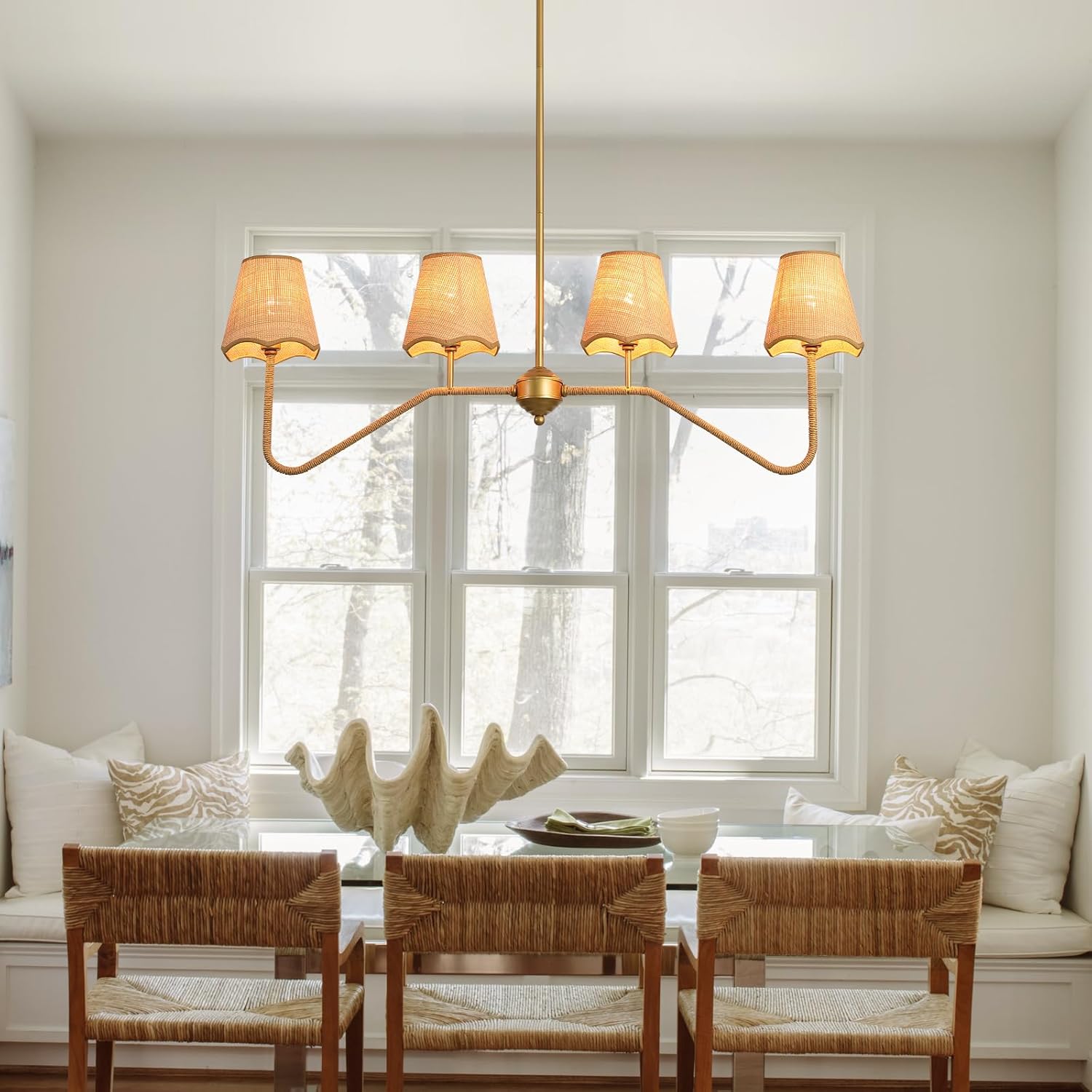 39" W Coastal Boho Rustic Rattan Chandelier, 4 - Light Gold Linear Pendant Light Fixture, Farmhouse Lighting for Kitchen Island, Dining Room Over Table Compatible with E12 Bulbs(Not Included)