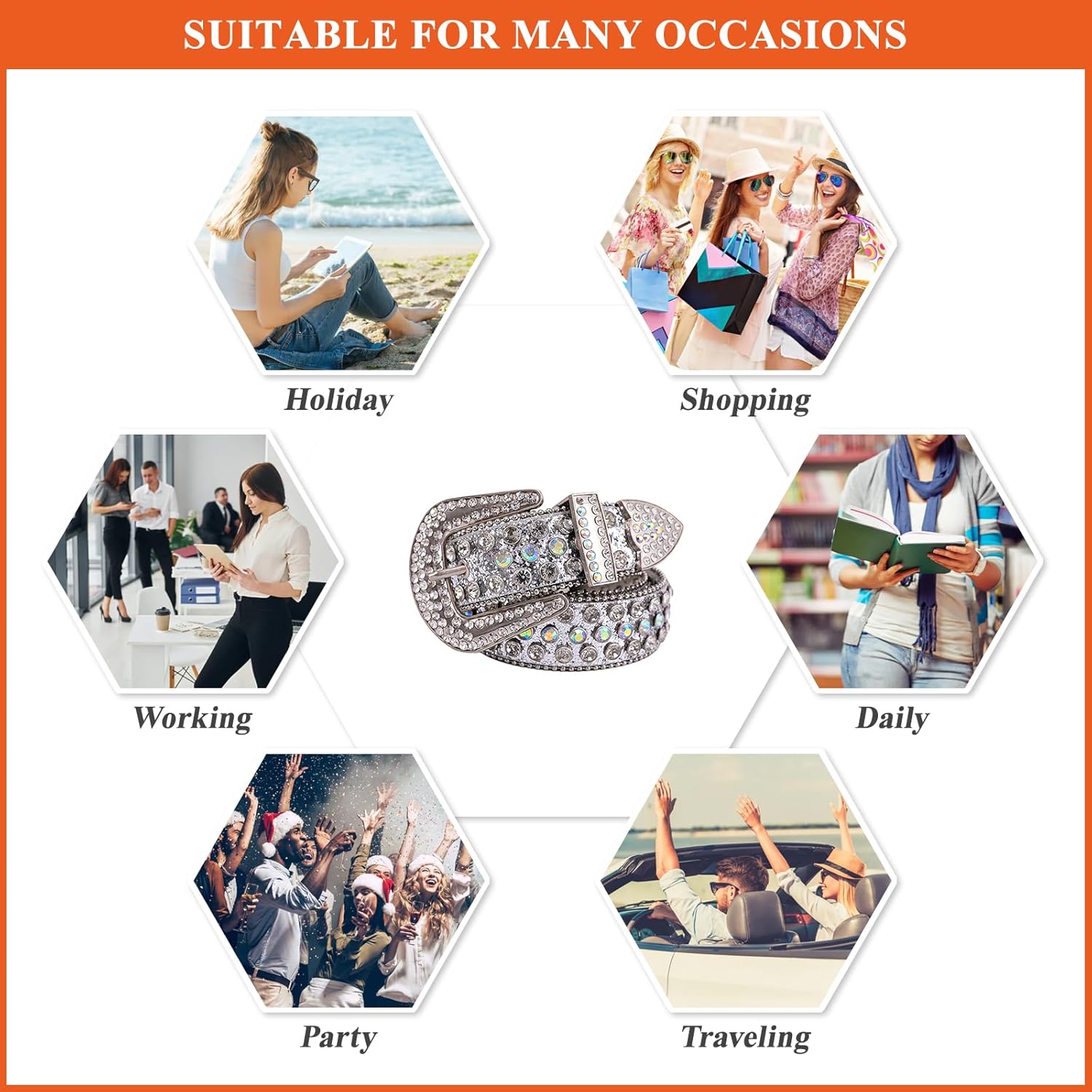 Fashion Rhinestone Belt for Women Men, Sparkle Diamond Studded Belts PU Leather Western Waist Strap for Jeans Dresses