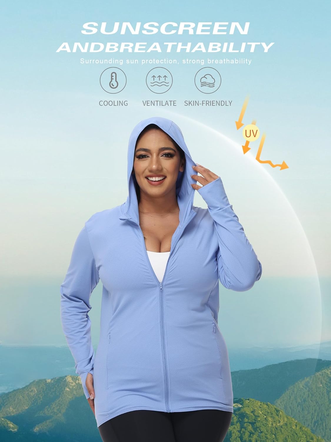 Women's Plus Size UPF 50+ Lightweight Athletic Hoodie Jacket Full Zip Long Sleeve Shirts Outdoor - Image 8
