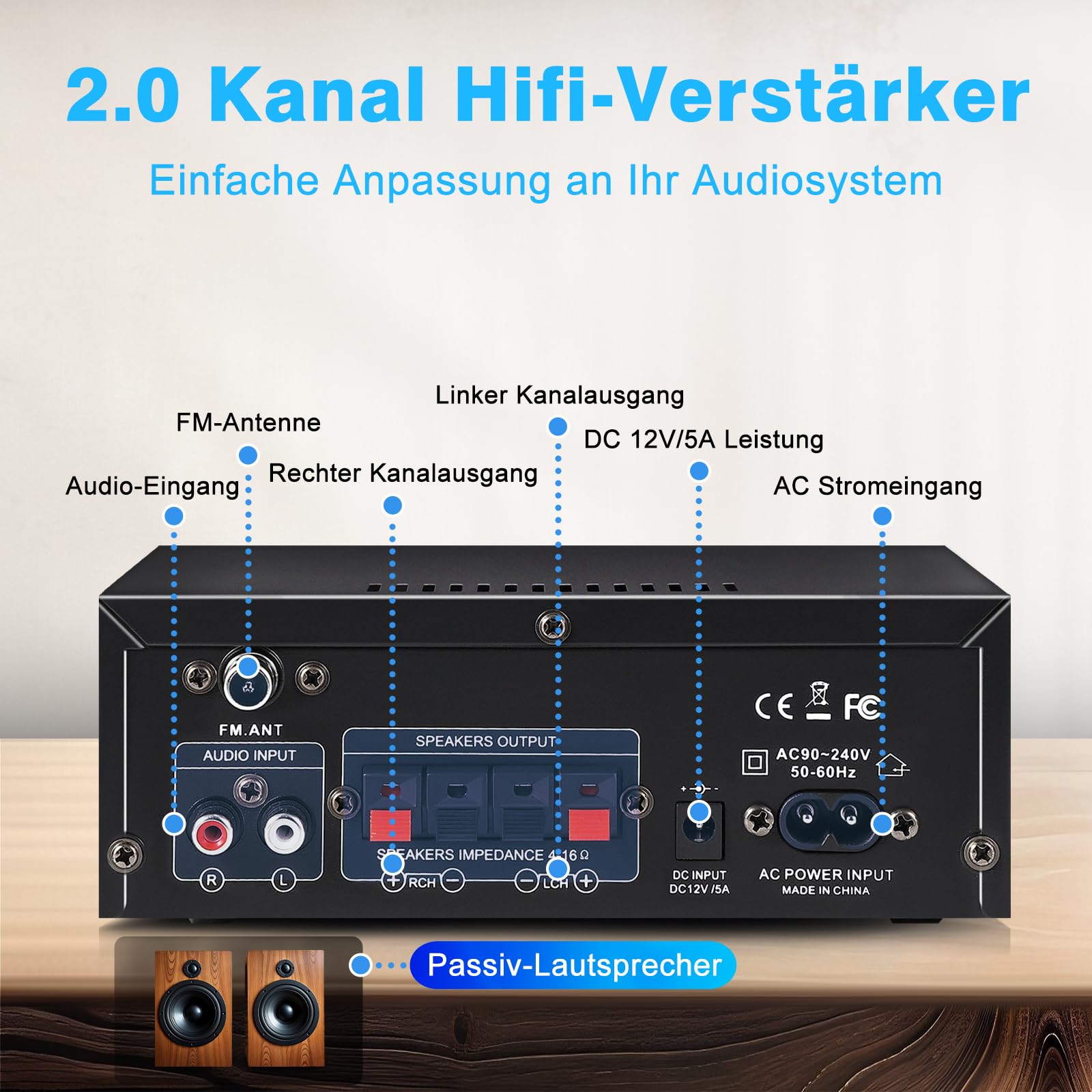 WOOPKER Wzmacniacz HiFi AK45 Pro Mini, Bluetooth 5.0, wzmacniacz stereo, 2-kanałowy wzmacniacz audio AV, odbiornik tonów wysokich i niskich z USB/RCA/MIC/Radio FM