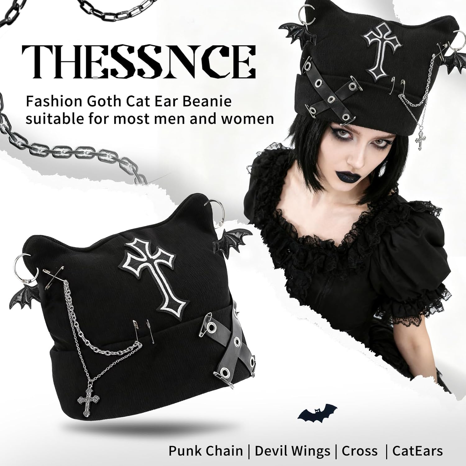 Goth Grunge Cat Beanie Hat Gothic Punk Black Cat Ear Beanie Y2K Knitted Cap Bat Wing Cross Chain Clothing Accessories for Women Halloween Streetwear Home Outdoor Winter - Image 4