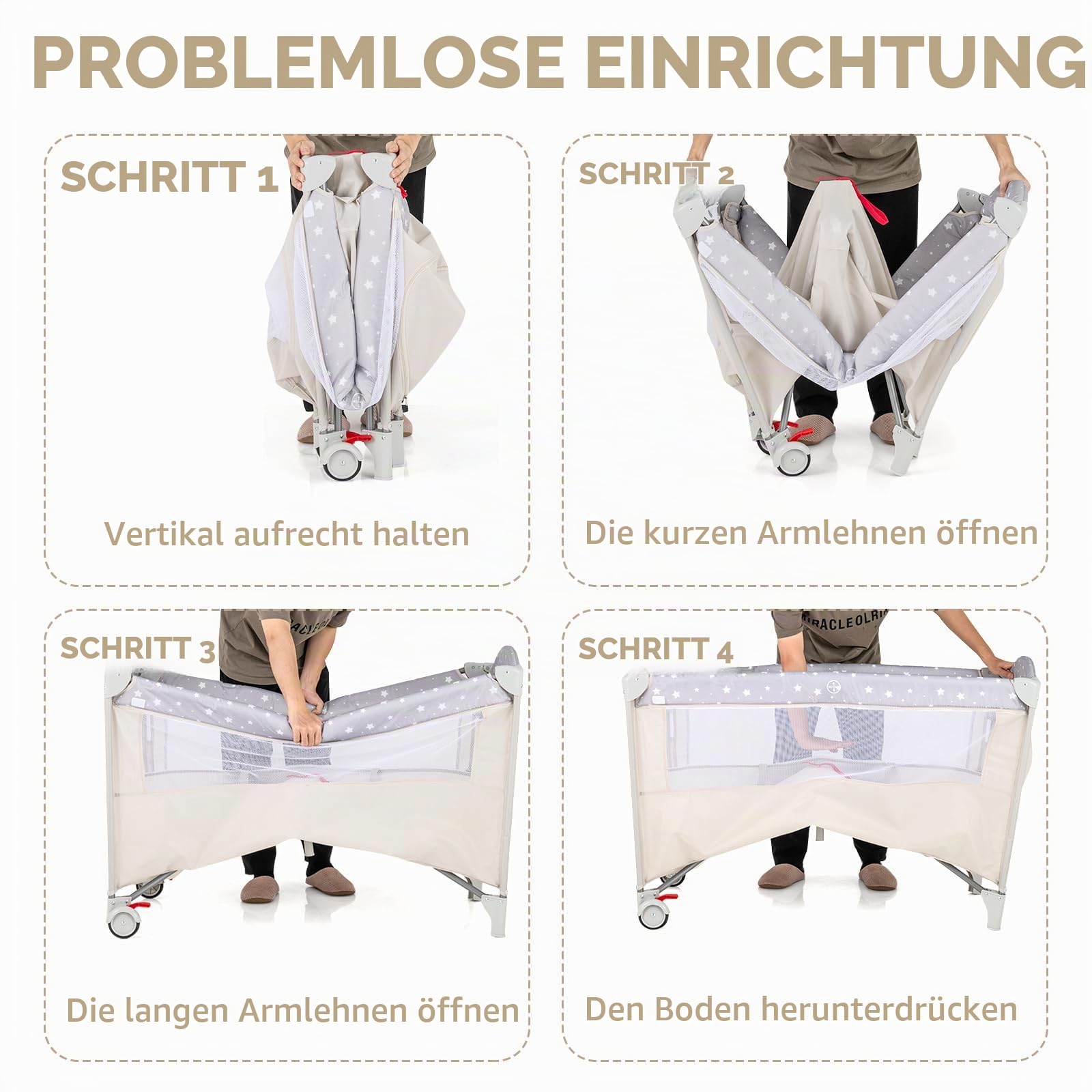 LIFEZEAL Faltbares Babybett mit Wickeltisch, Reisebett Baby mit Spielbogen und Musikglocken, Mobiles Kinderreisebett mit Aufbewahrungstasche, für Baby 0-36 Monate (Beige)