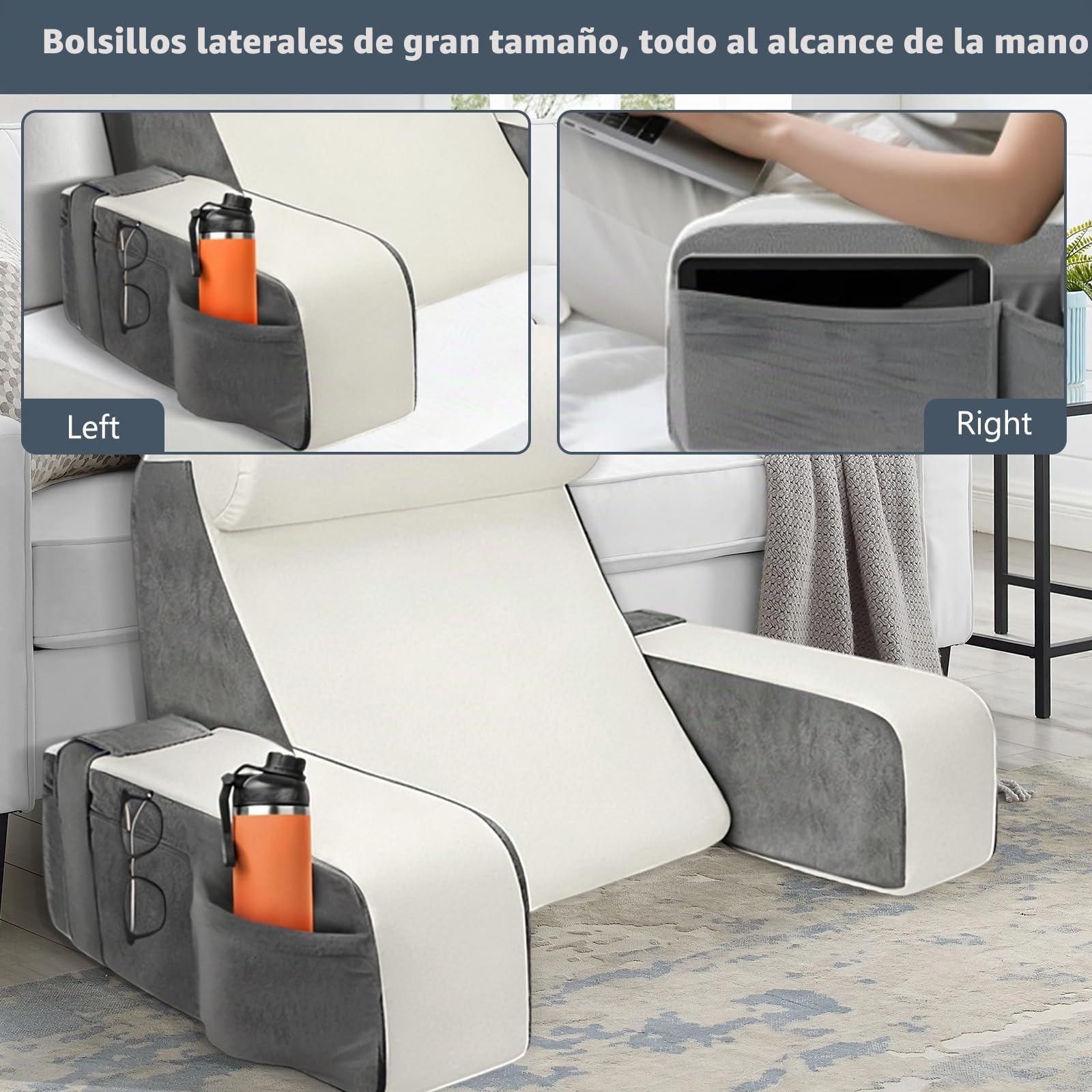 Cojin Lectura Cama,Cojín con Respaldo Apoyo Lumbar, con Soporte para Brazos y Bolsillos, Cojín Lumbar Sofá para la Espalda, Cojin Respaldo Cama para Trabajar, Leer o Jugar en la Cama Sofá Suelo