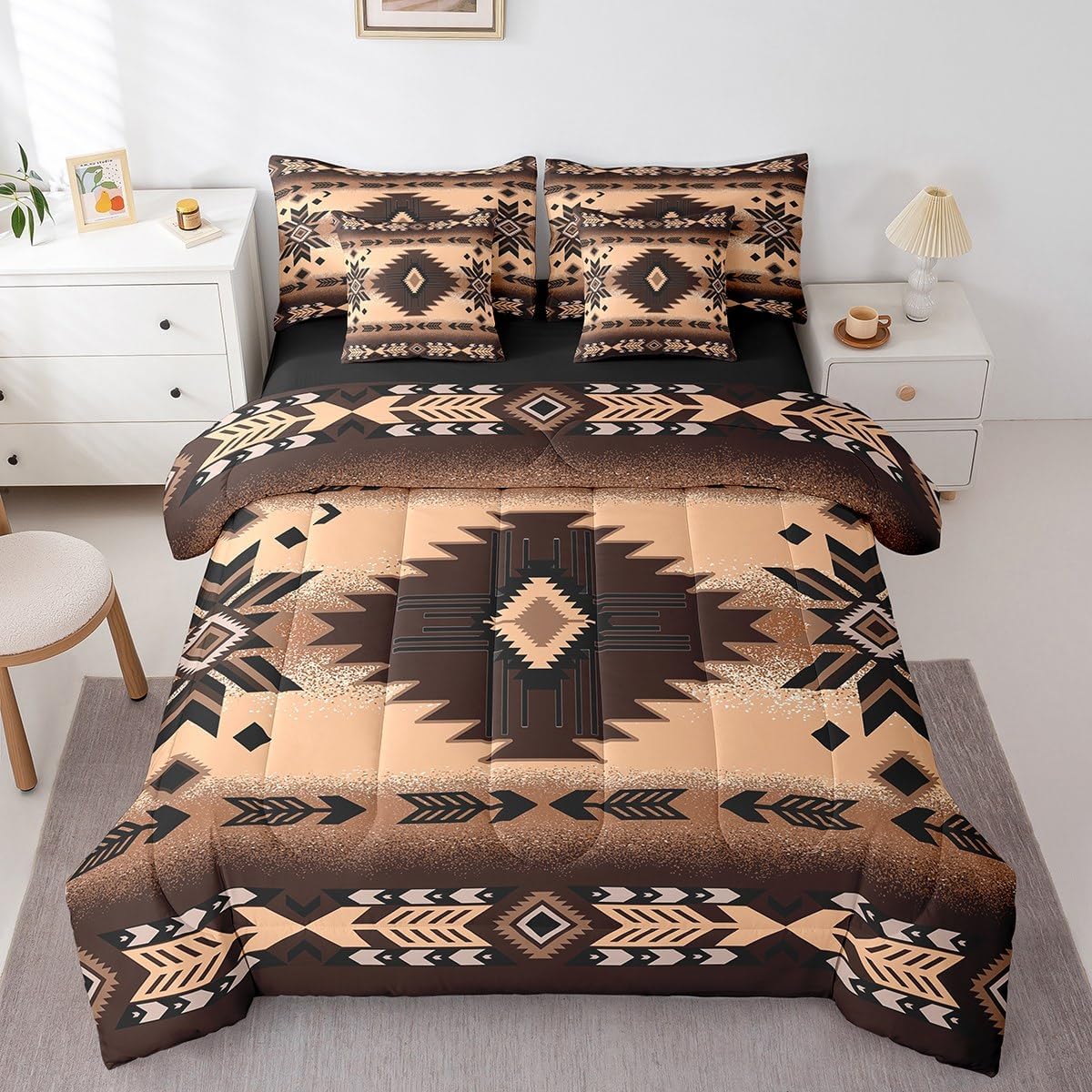 Feelyou Southwest Native Bed Set Includes Comforter, Sheet Set, Pillowcases & Pillow Covers Southwestern Geometric 7 Piece Bedding Set, Room Decor Western Decor Bed in a Bag, Queen Size Brown Tribal