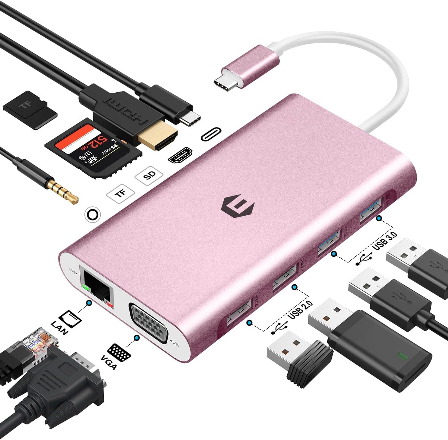Hub USB C, distributore USB 11 in 1 con 4 K Hdmi, audio da 3,5 mm, VGA, Ethernet, 4 USB A, adattatore USB C per MacBook Pro Surface Pro e dispositivi di tipo C