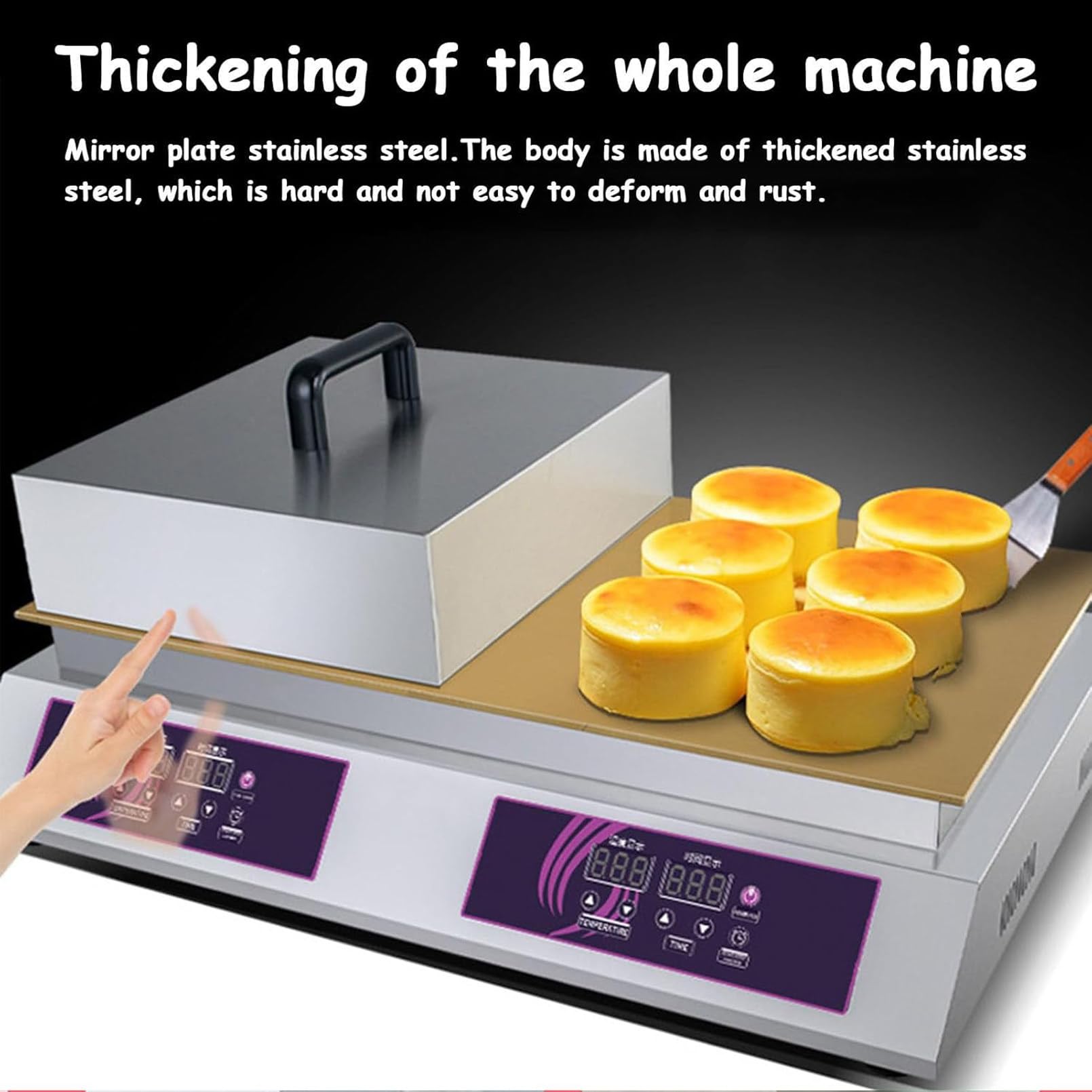 Macchina Professionale per soufflé, elettrica da banco preparare dorayaki Doublehead | con piastra riscaldante antiaderente in rame, controllo digitale della temperatura coperchio acciaio inox