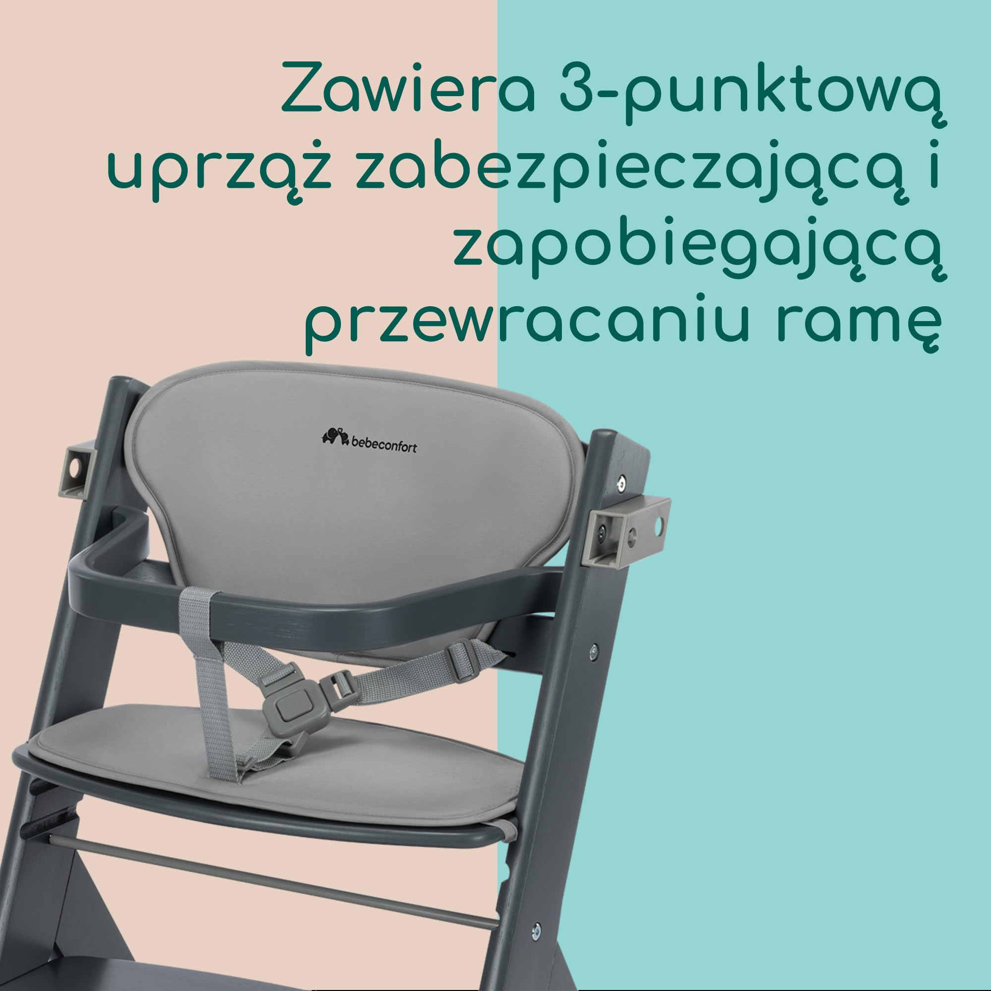 Bebeconfort Timba 2 z Poduszką, Krzesełko Dziecięce Drewniane, 6+ Miesięcy, Do 110 kg, Ergonomiczne Krzesełko do Karmienia, Pasuje do Wielu Stołów, Wyjmowana Taca, Grey Mist