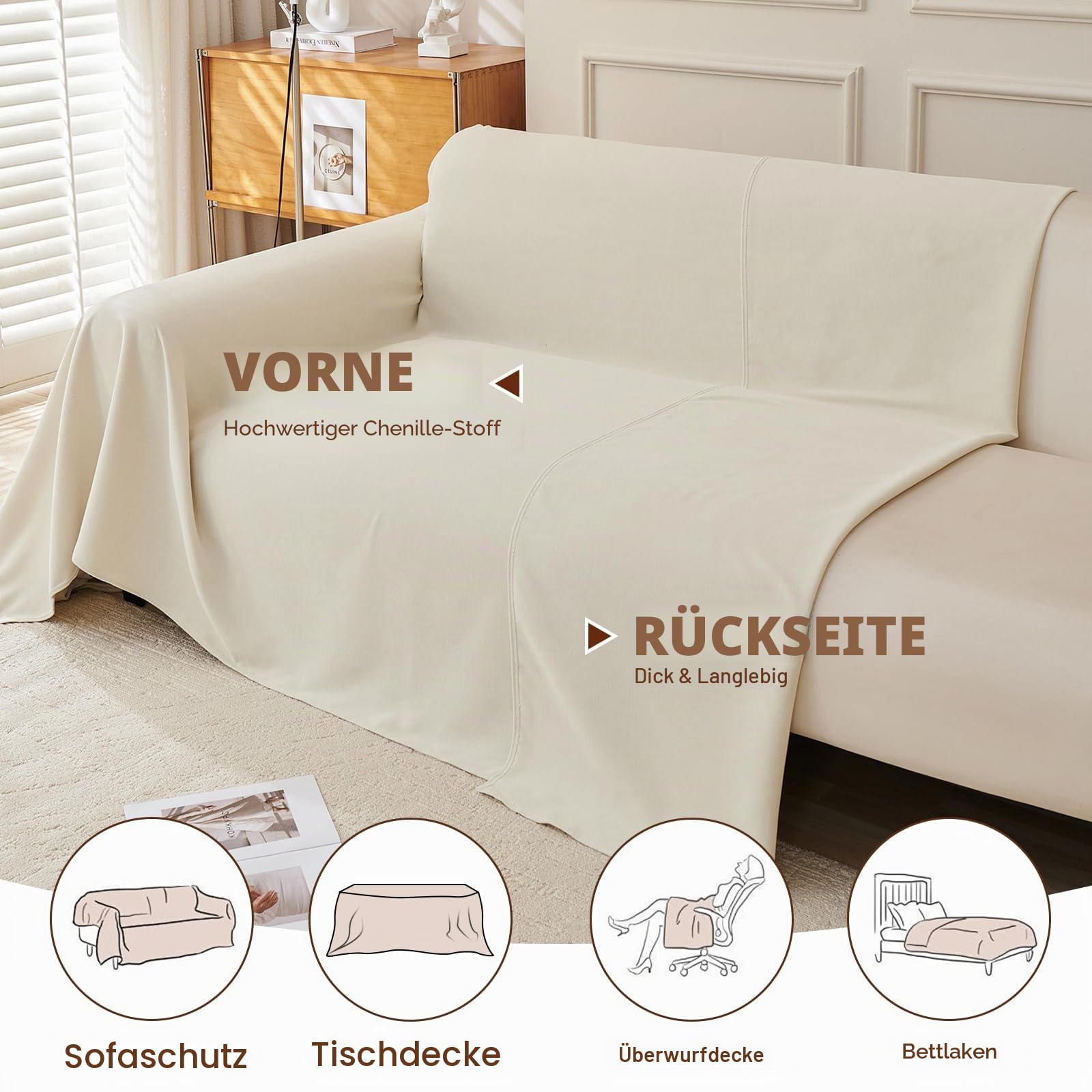 Royhom Sofa Überzug, Chenille Couch Überzug Ecksofa, Sofabezug L Form, Sofa Schutzdecke, Sofahusse mit Armlehne, Sofaüberwurf Decke Weich und Bequem, Beige, 340x180 cm | Sofaüberwurf, groß, weich und atmungsaktiv, maschinenwaschbar, für Sofa oder Ecksofa