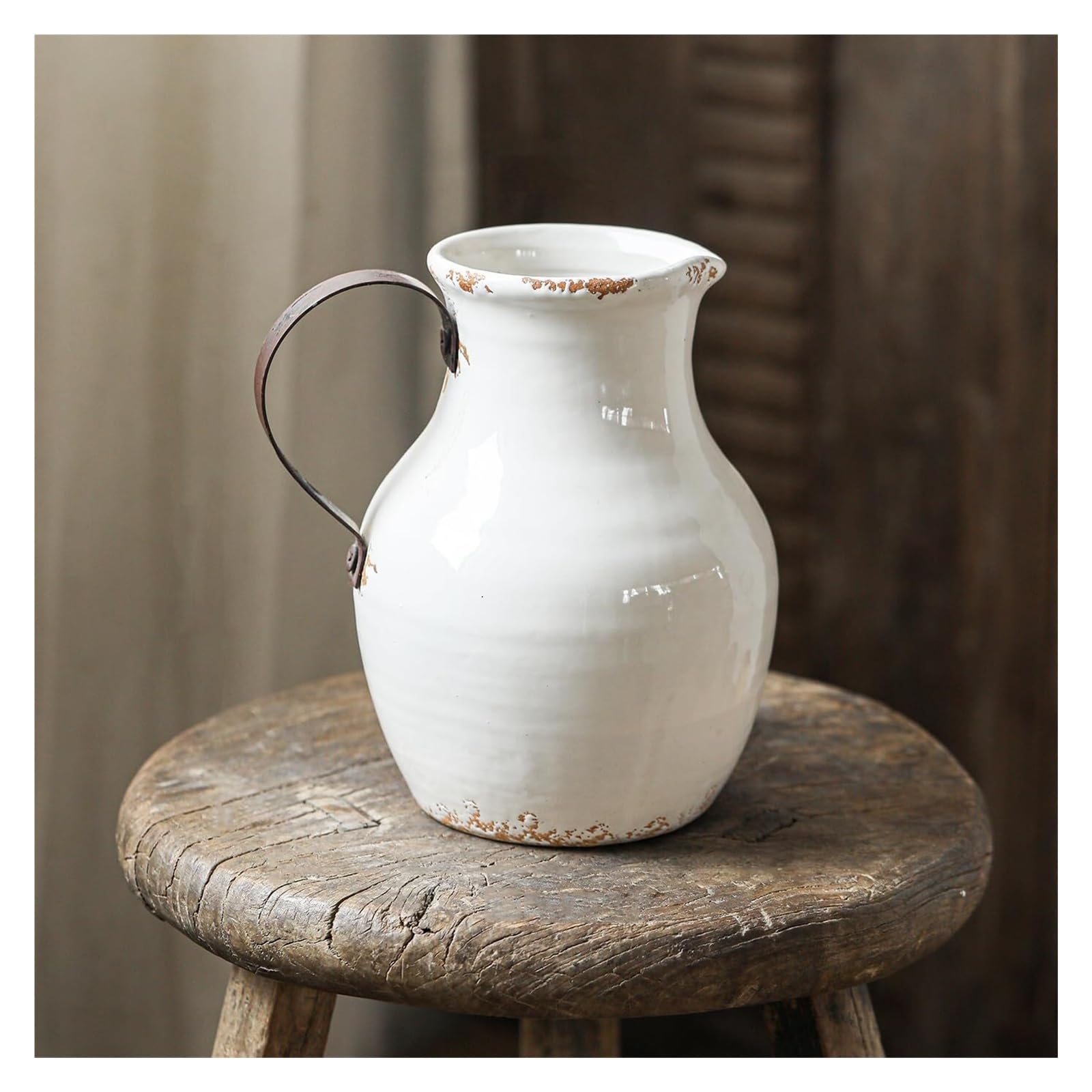 Vase blanc en céramique rustique 9 pouces terre cuite et pichet de poterie
