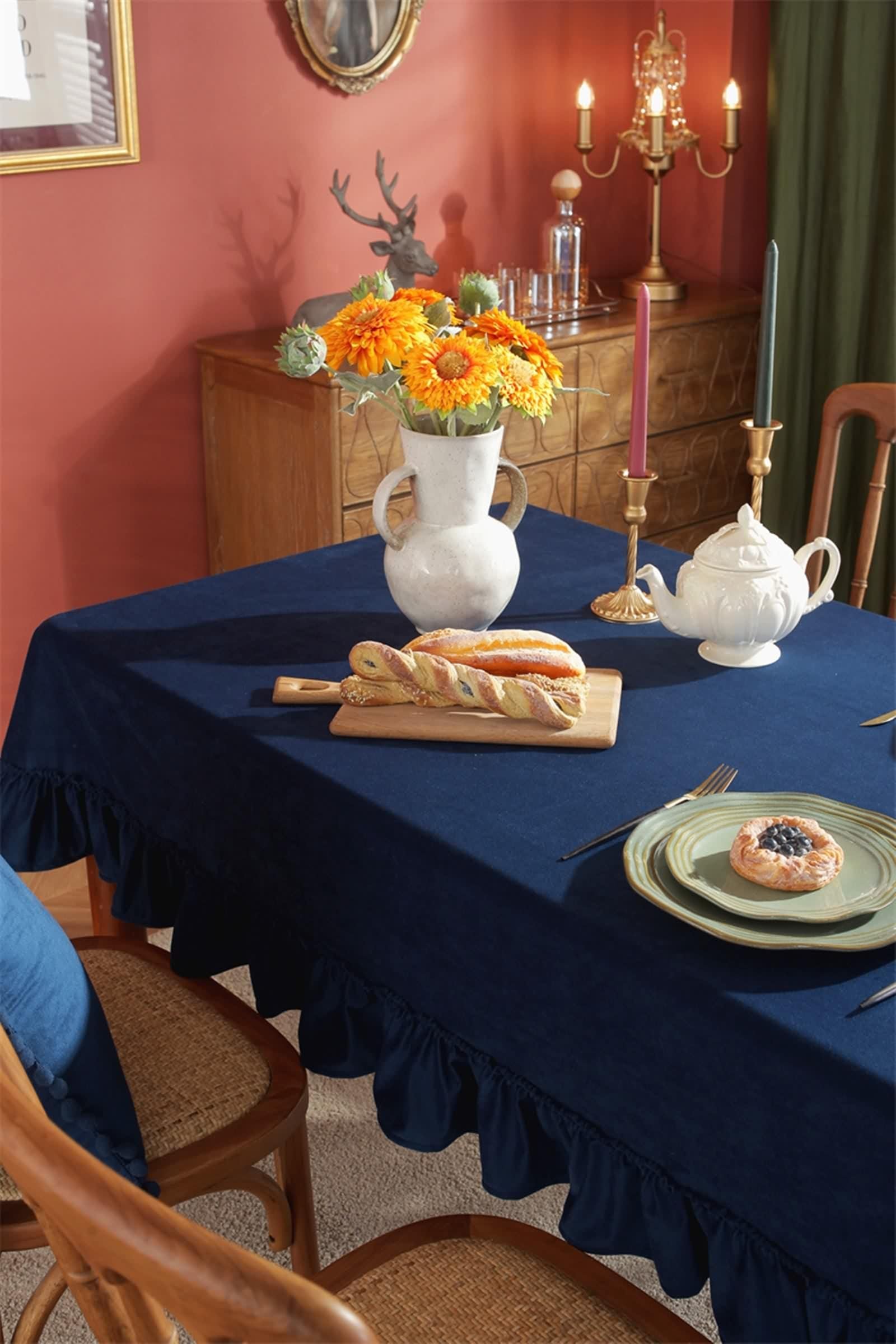Tovaglia Cucina 140X180, Tovaglia Tavolo Compleanno Marina Militare Poliestere Tinta Unita con Volant Decorativa per Festa Matrimonio