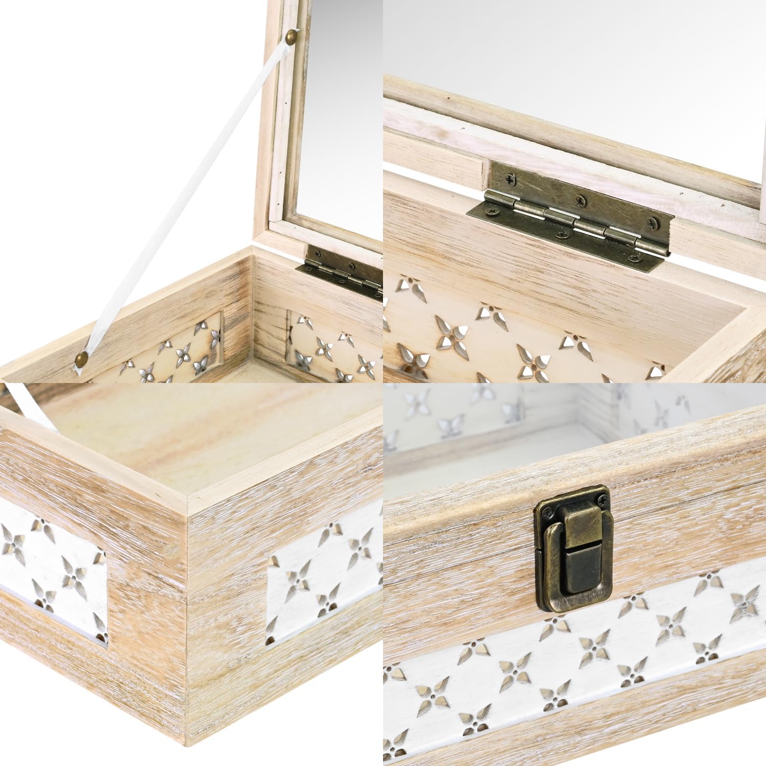 MOOCA Set of 3 Stackable Wooden Decorative Boxes with Tempered Glass Hinged Lid, Farmhouse Storage Keepsake Box, Display Case for Crafts, Photos, Vintage White