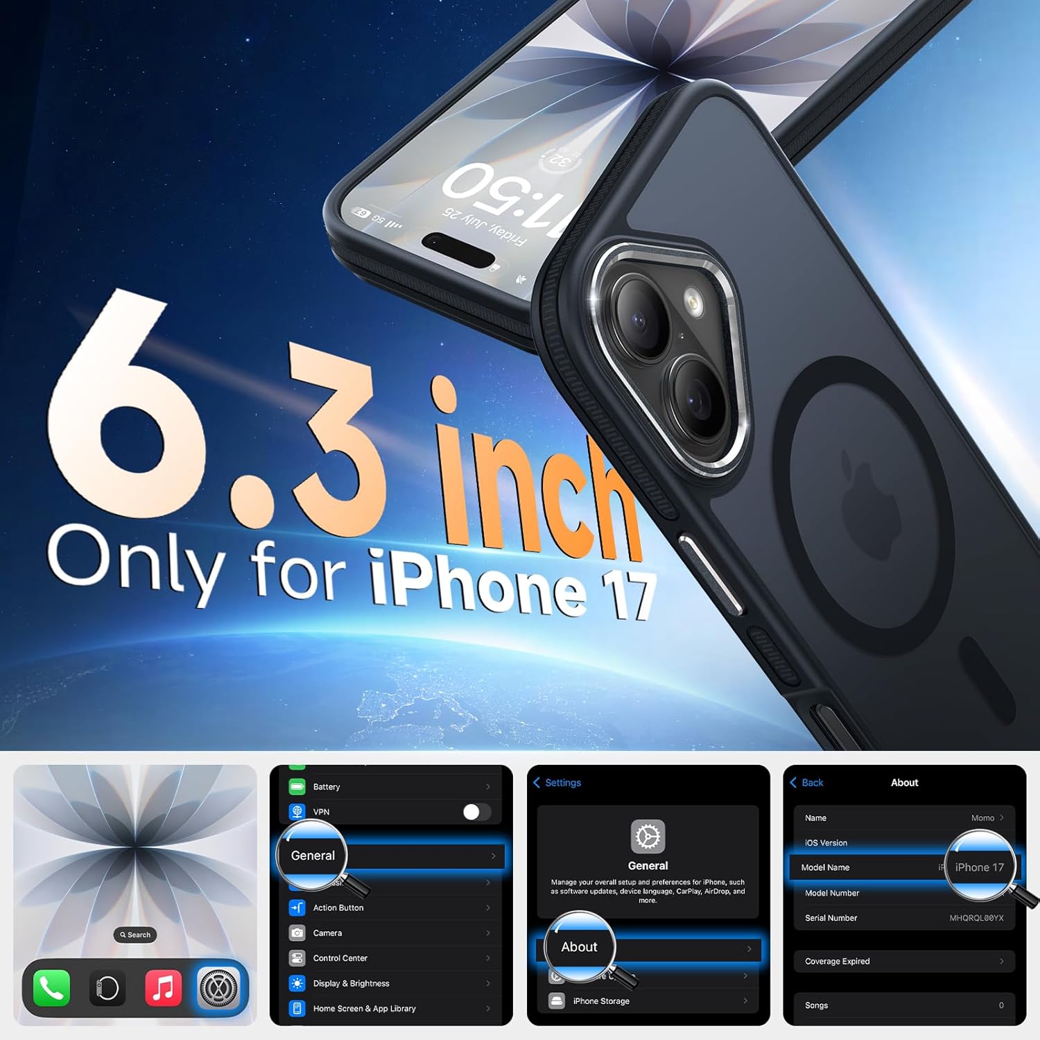 Magnetic 3 in 1 for iPhone 17 Case, [Omni-Directional Protection] with 1x Screen Protector + 1x Camera Cover, [Seamless Work with Magsafe] Translucent Protective Silm Phone Case for iPhone 17 Black