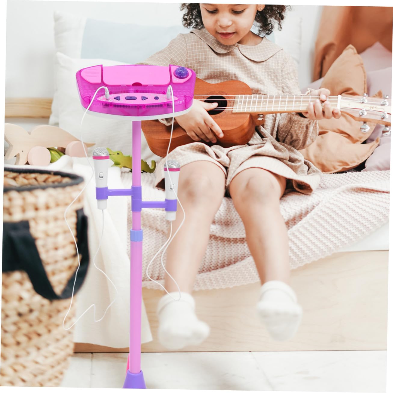 Micrófono de Juguete Rosa para Niños Función Interactiva y Reproducción Mp3, Diseño Doble Soporte Ajustable para Juego Educativo y Cantar