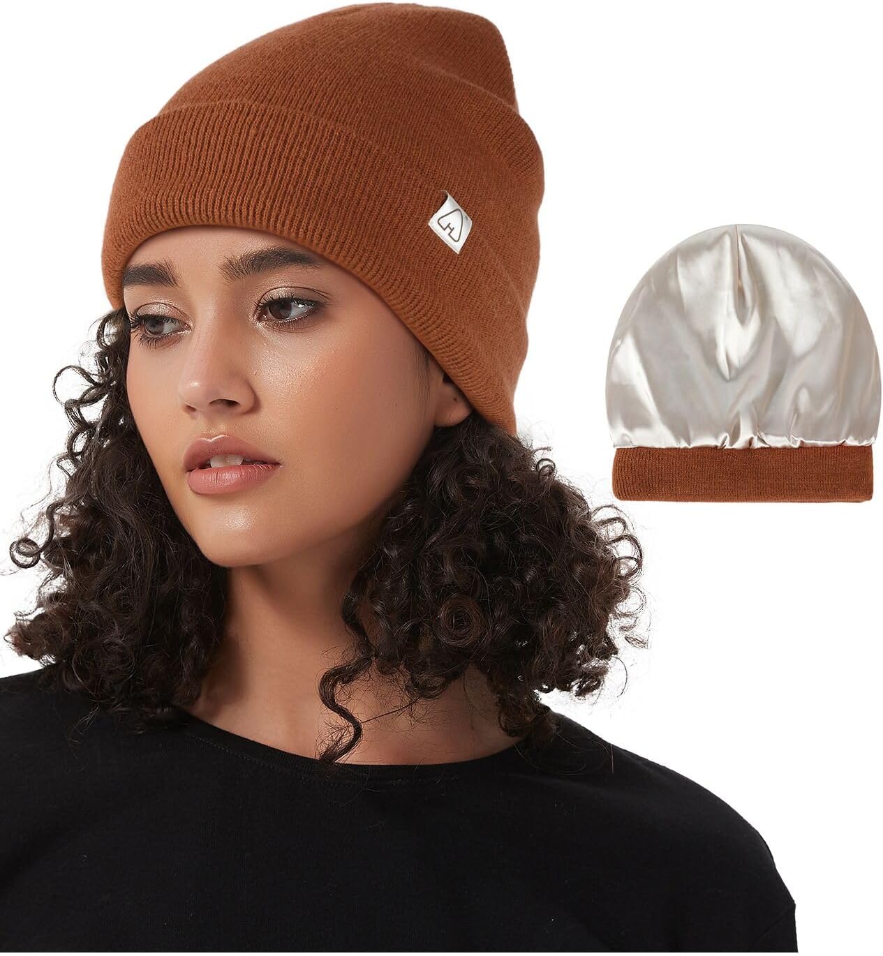 Hat Hut Satin Lined Beanie for Women Men Winter Hats for Women Silk Lining Slouchy Beanie Ski Hat Warm Unisex Cuffed Beanie