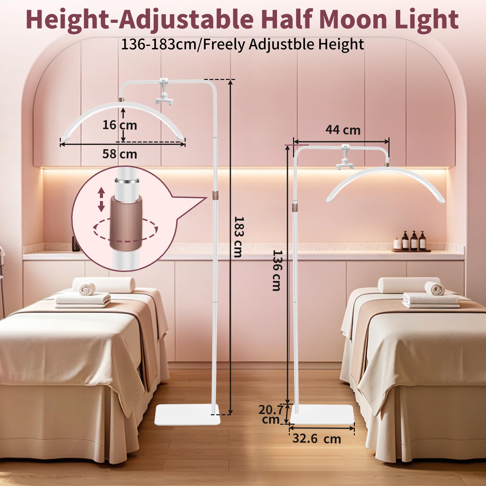 Diesisa Lampada Extension Ciglia Da Terra: LED Lampada Mezza Luna Ciglia con Porta Cellulare -Luminosità e Altezza Regolabili - Testa Girevole A 360° - Lampada Estetista per Ciglia/Manicure/Tatuaggi