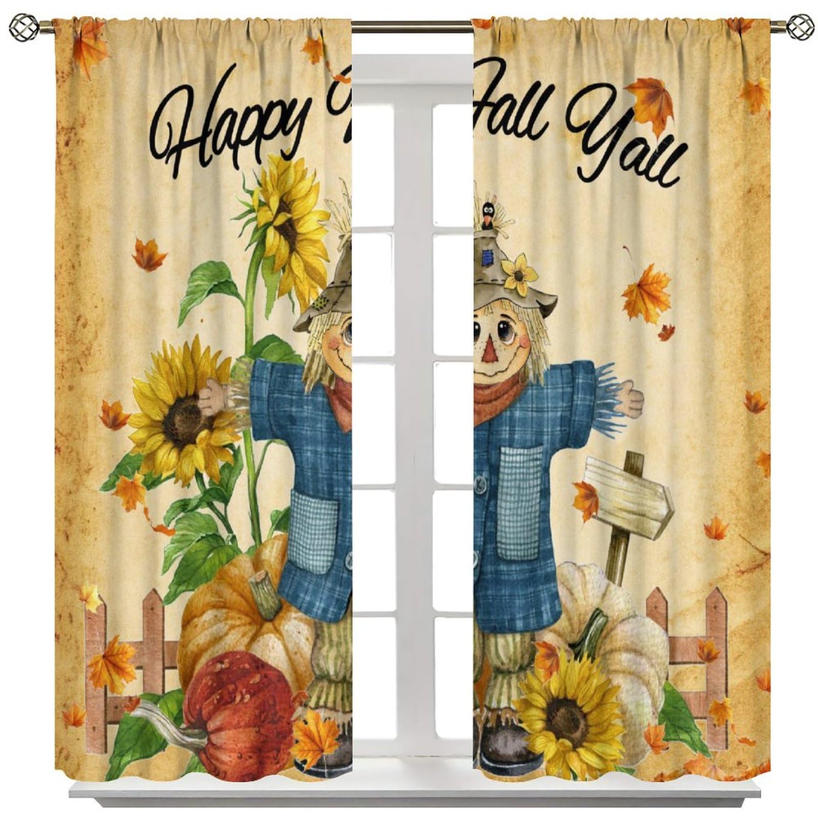 Autumn Scarecrow Curtains, Rustic Vintage Brown Sunflower Pumpkin Flower Maple Thanksgiving Blackout Windows Treatments, Thermal Insulated Drapes for Boys Girls Kitchen Living Room Bedroom 42x45in