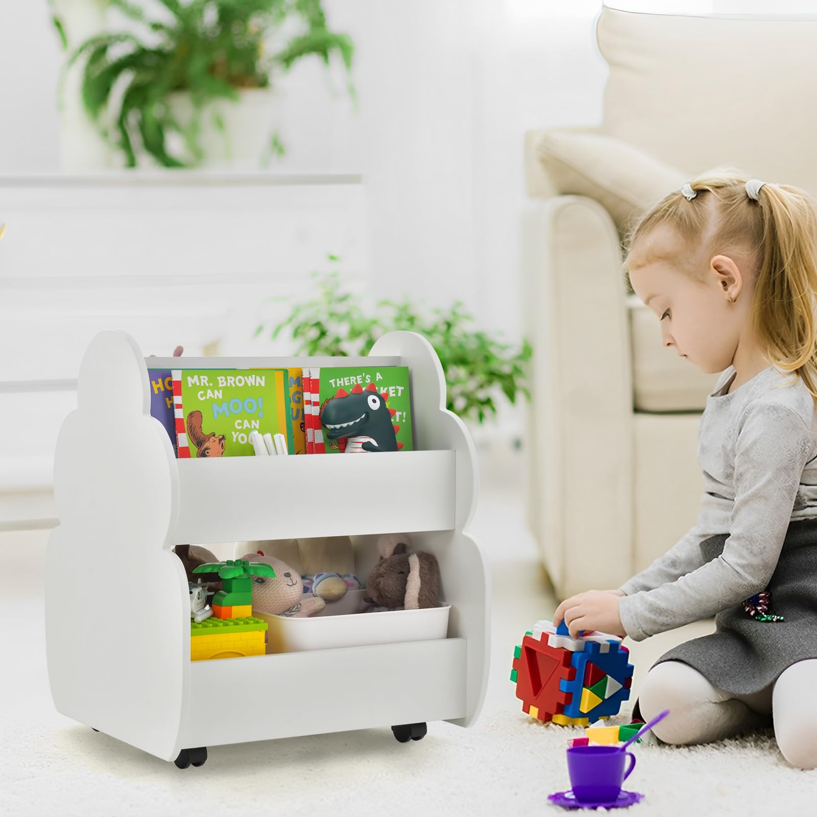 HOMASIS Libreria giocattolo per bambini, con 2 scomparti, in legno, con 4 ruote, per cameretta dei bambini, sala giochi e asilo (bianco), DZ10133