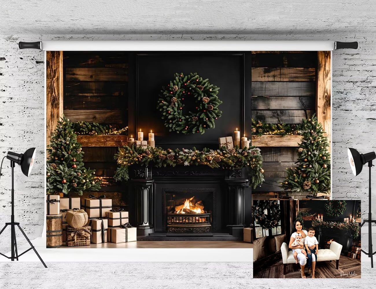 Kate Telón de fondo de Navidad para chimenea, árboles de Navidad y regalos, fondo de invierno, negro, moderno, marrón, madera, rayas, fondo de fotografía, accesorios de estudio, 7 x 5 pies