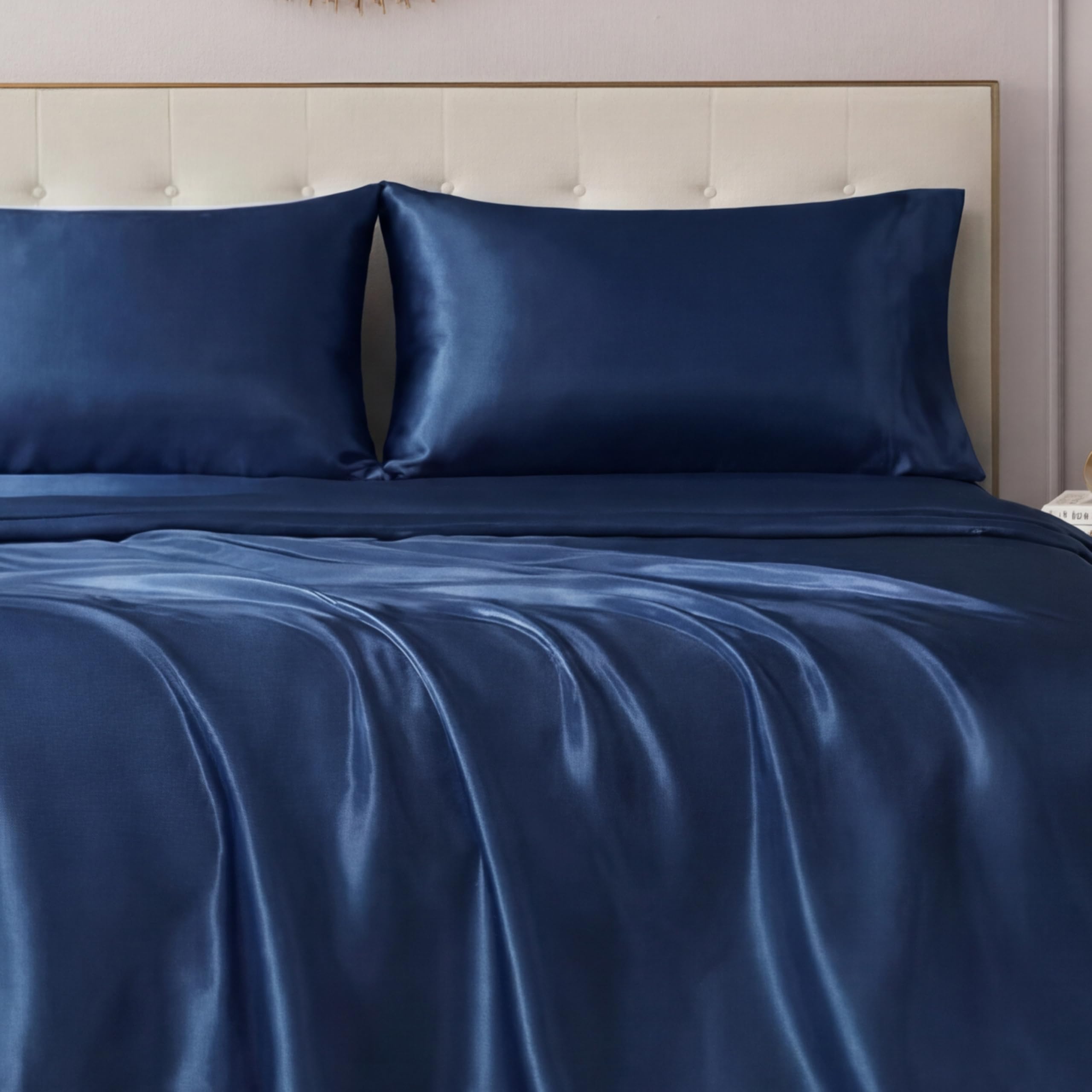 Juicy Couture Queen Size Satin Bed Sheet Set, Deep Pocket Silky Satin Queen Sheet Set with 1 Fitted Sheet, 1 Flat Sheet and 2 Pillowcases, Wrinkle Resistant &amp; Anti Pilling Bed Sheets - Dark Blue