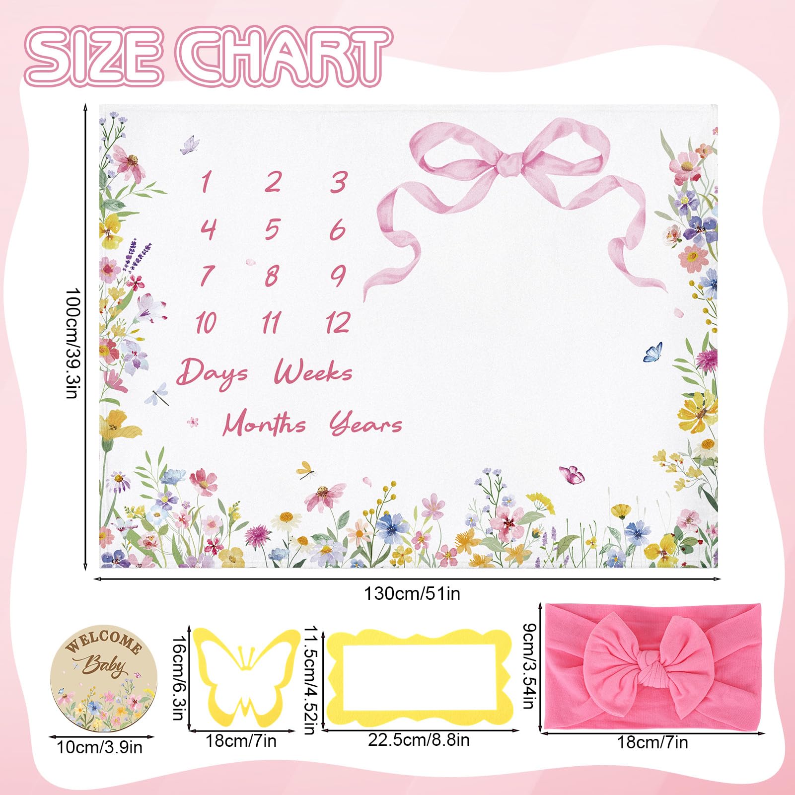 GSrenyu Coperta in flanella per bambini, con stampa floreale e fiocco, per neonati, ragazzi e ragazze, include cornice in feltro