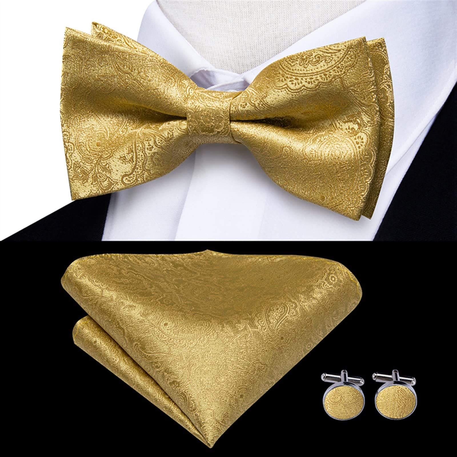 Ensemble de bretelles en soie pour homme et adulte - 6 clips - Style vintage - Doré - Motif floral - Nœud papillon