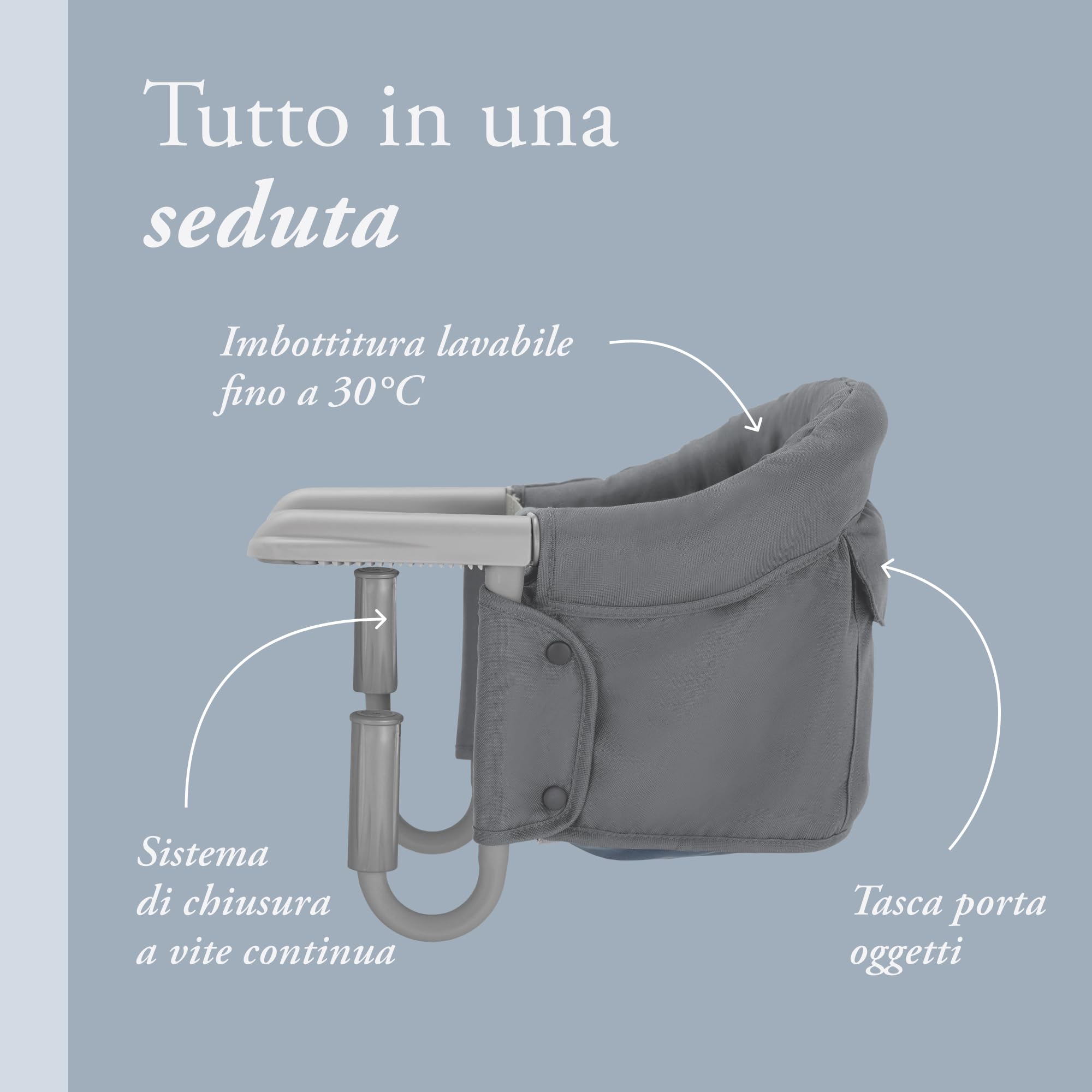Inglesina Fast, Seggiolino da Tavolo Pieghevole, Grigio (Grey), Facile Trasportare, Lavabile, Installazione Sicura, Fino a 15 kg, 35 x 27 42 cm
