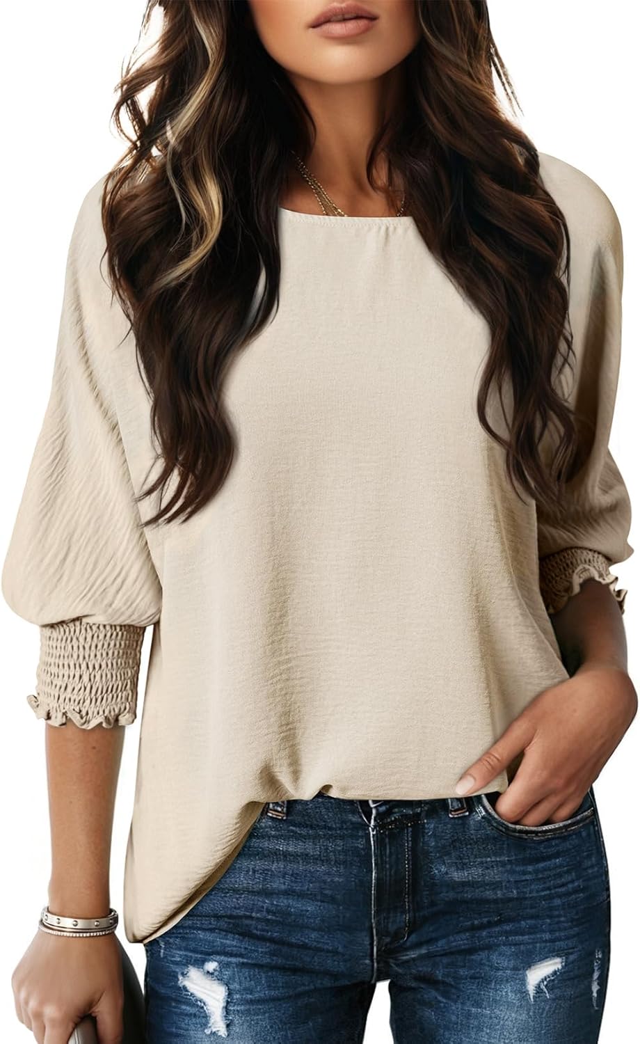 Dokotoo 3/4 Length Sleeve Womens Tops Dressy Casual Blouses Boat Neck Batwing Babydoll Top