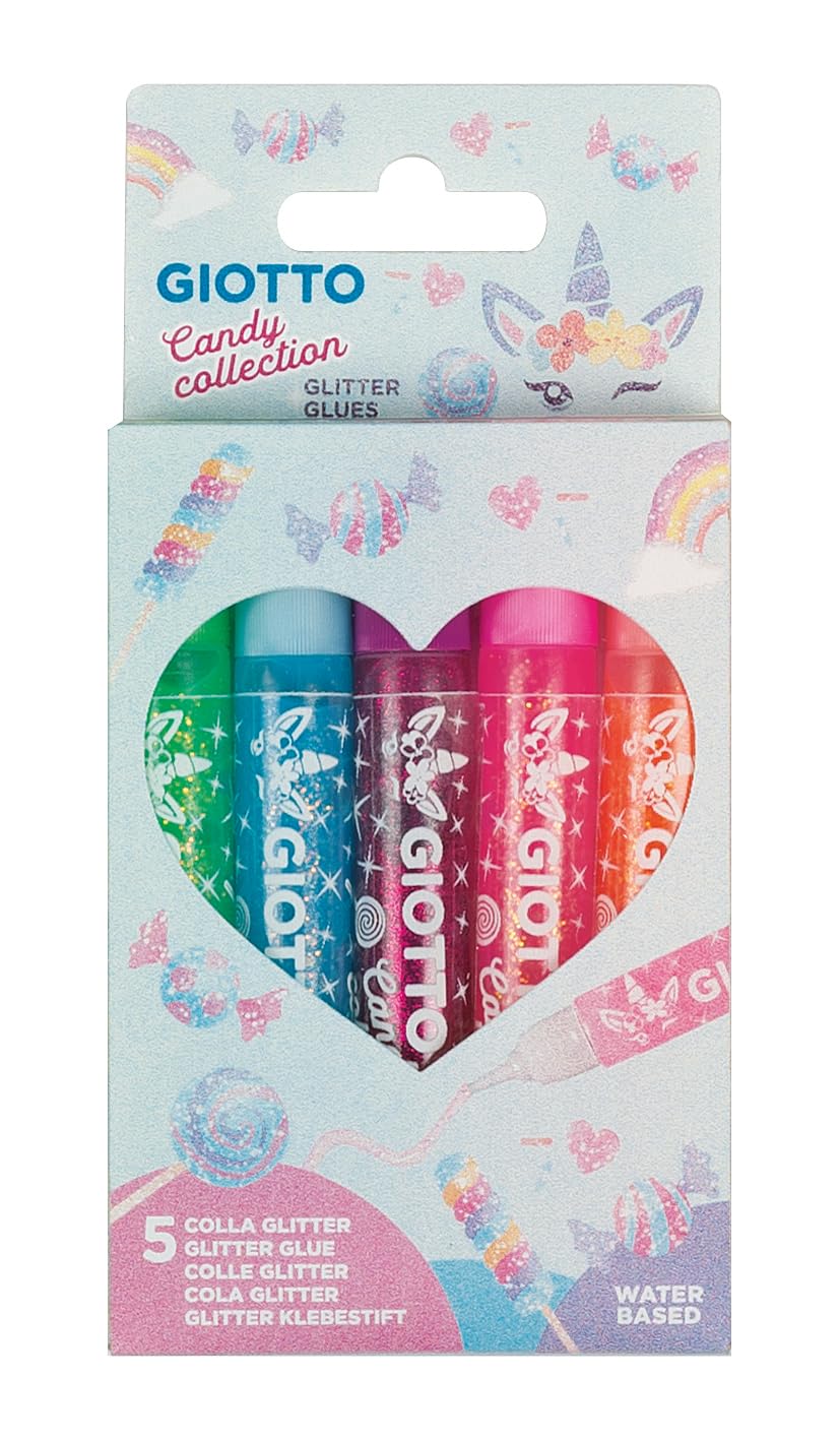 GIOTTO Candy Collection Glitter Glues, Water Based, 5 Assorted Colours, Children, Party Bags, School