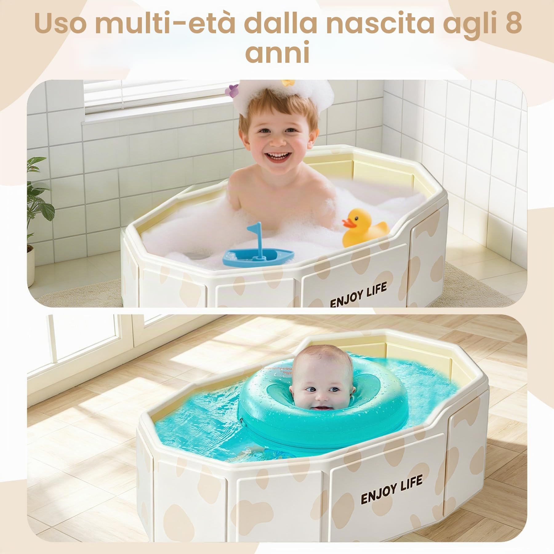VEEKAY Vasca da Bagno Pieghevole per Bambini, 75x45x28cm Portatile e Salvaspazio, con Tappo di Scarico, Multiuso per Neonati e Bambini 0-8 Anni