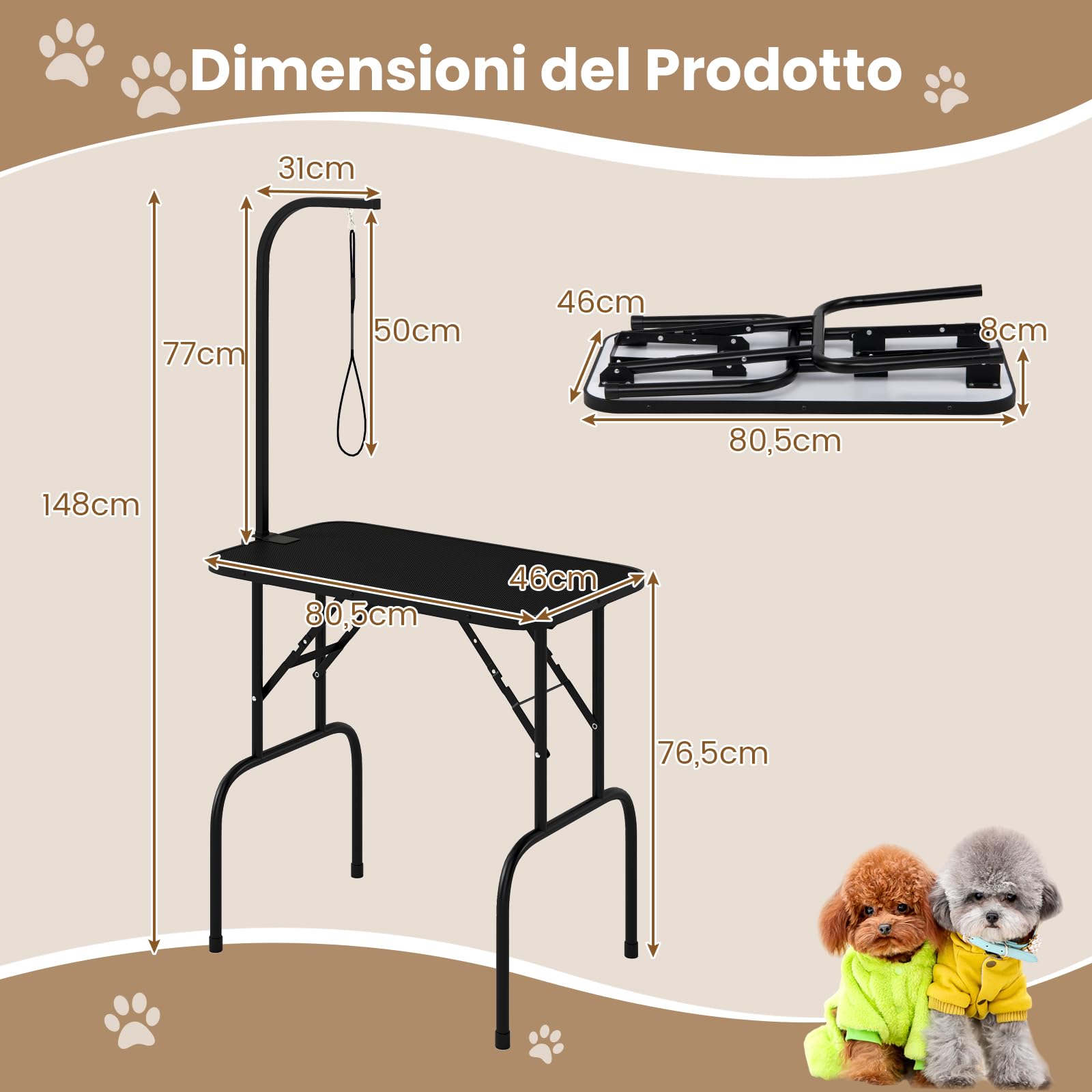 COSTWAY Tavolo Toelettatura e Tosatura per Animali, Accessori Pieghevole per Toilette per Cani con Bracci Regolabili in Altezza,Cappio e Piano Antiscivolo, Portata 100 kg (80,5 x 46 x 146 cm)