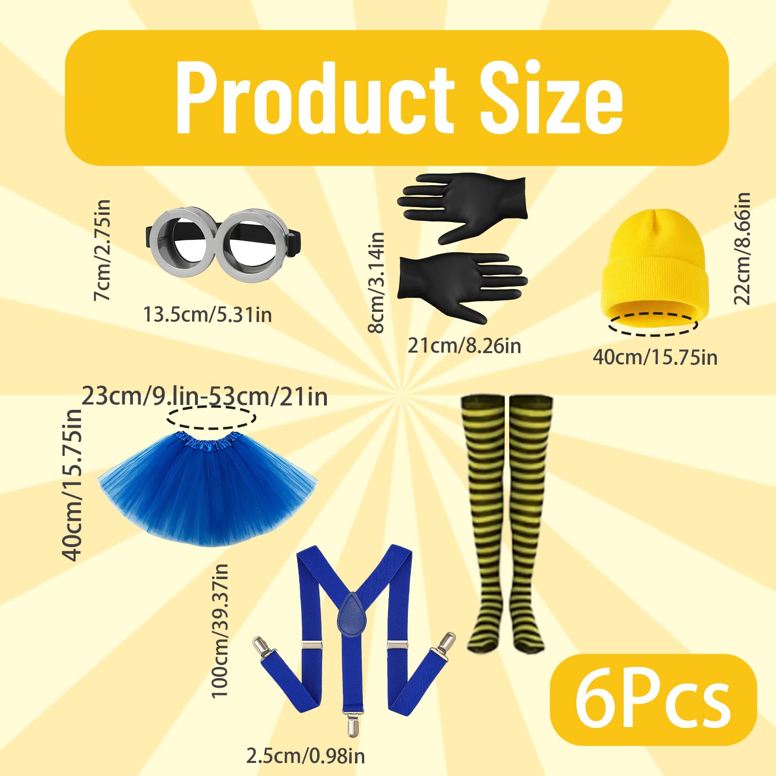 BFSYRR Yellow Costume, 6 Piece Set Fancy Dress for Carnival Halloween Parties and Cosplay Events, with Hat, Glasses, Gloves - Image 2