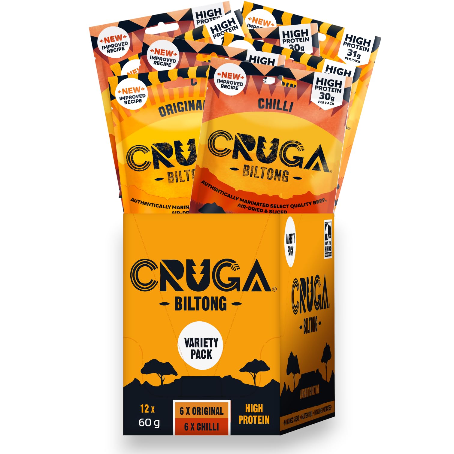 Cruga Biltong Mix Box 2 Sorten je 6 Tüten à 60g – Premium Rindfleisch Trockenfleisch – High Protein Snack über 50% Eiweiß – 6x Original & 6x Chilli