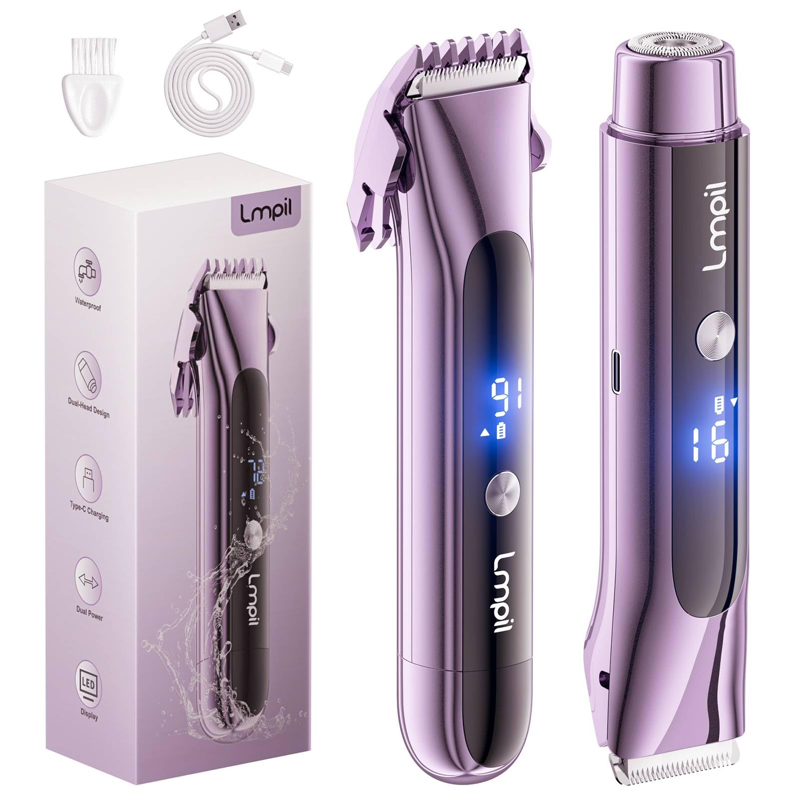 Bikini Trimmer für Frauen, 2-in-1 Elektrorasierer mit Doppelköpfen, Keramikklinge, Wasserdicht & Wiederaufladbar, Schmerzloser Schamhaarrasierer für Bikini, Achselhöhle, Beine, Gesicht - Hellviolett