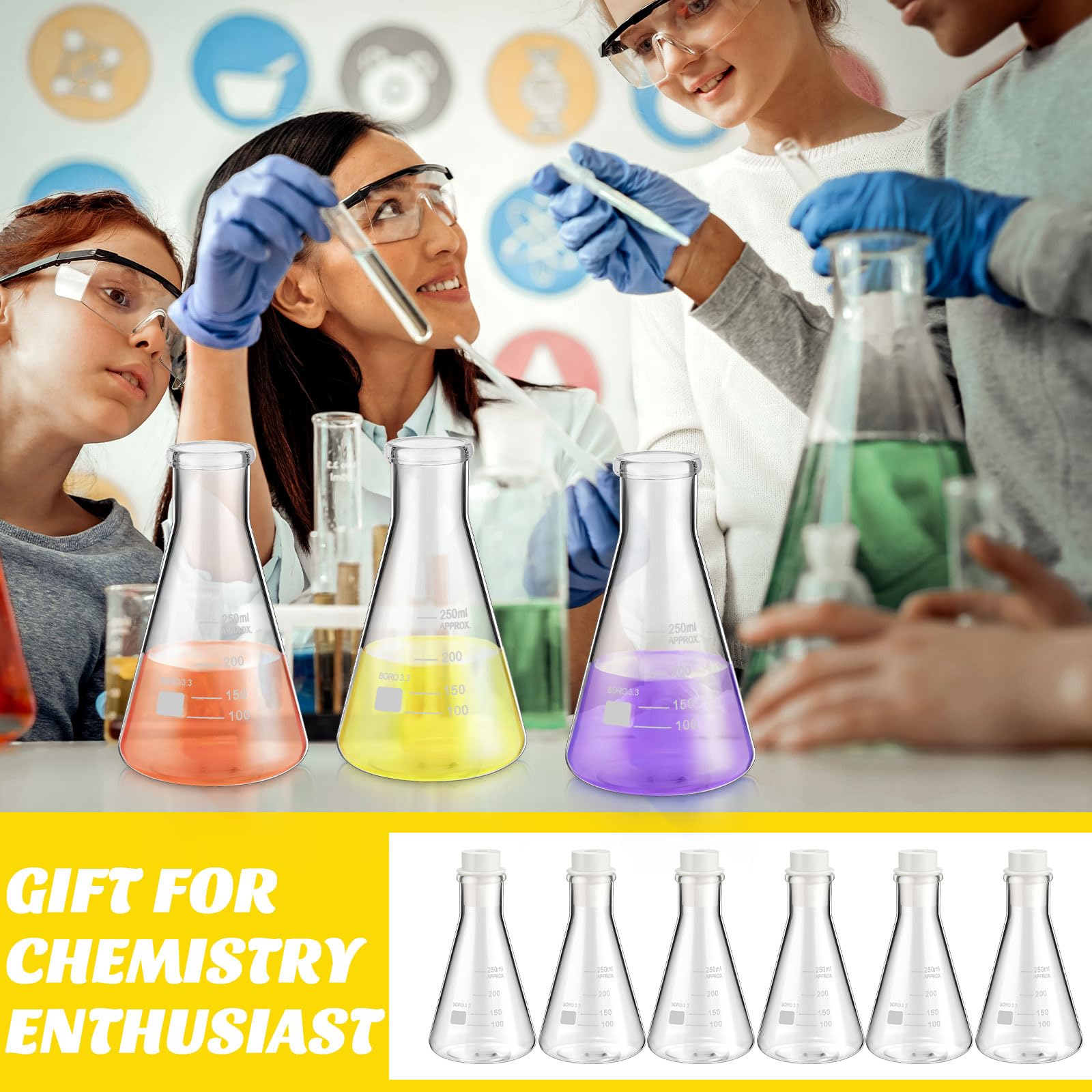 Copkim Laborflaschen, Chemie-Trinkgläser, 6er-Set, 240 ml, Chemie-Gläser, Geschenk, transparent, wissenschaftliche Becher, Becher für Lehrer, Laborpersonal (Laborflasche)