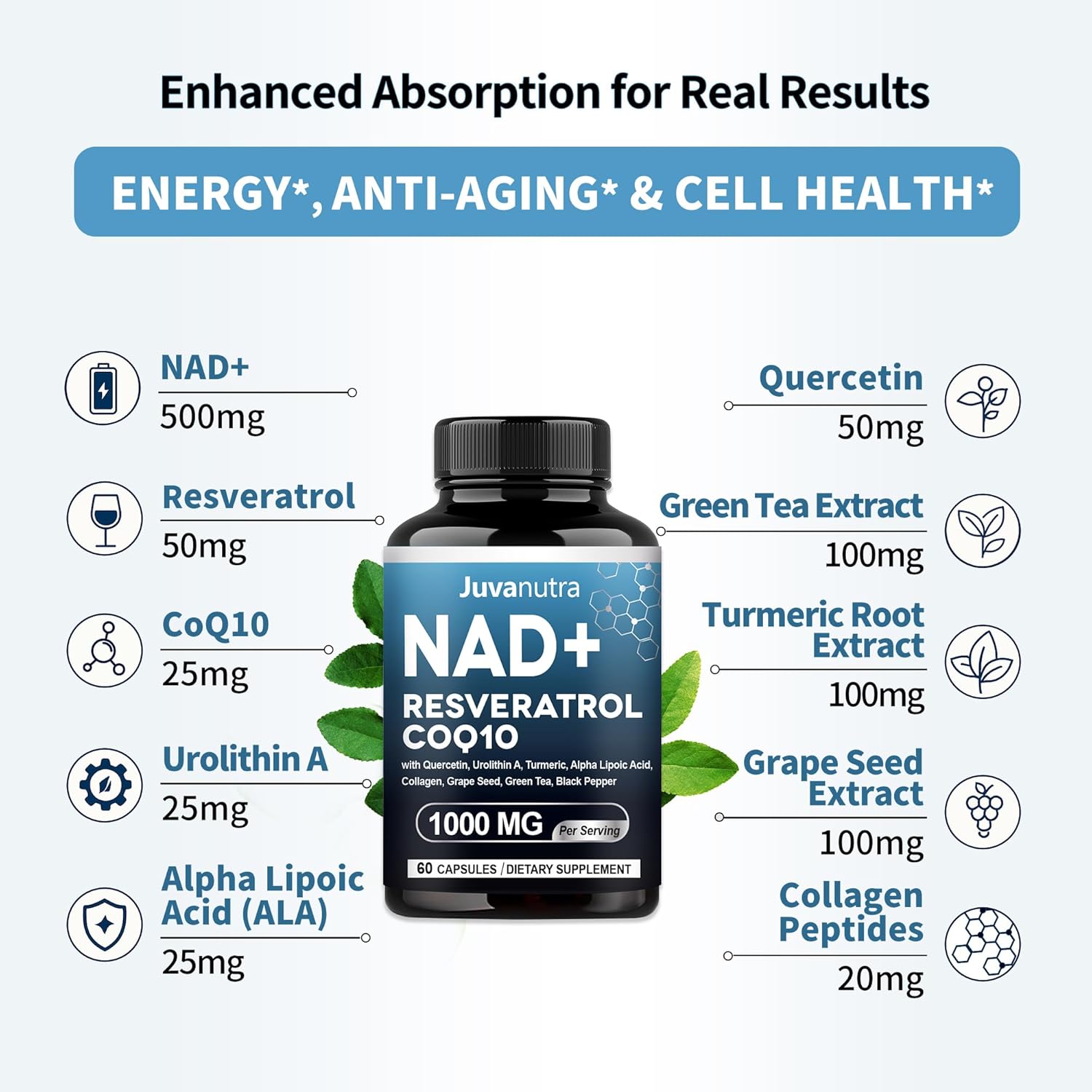 NAD Supplement 11-in-1 Extra Strength – Liposomal NAD with Resveratrol, CoQ10, Urolithin A, ALA & Turmeric – Supports Anti-Aging, Cellular Repair, Energy & Focus – for Women & Men – 60 Capsules - Image 6