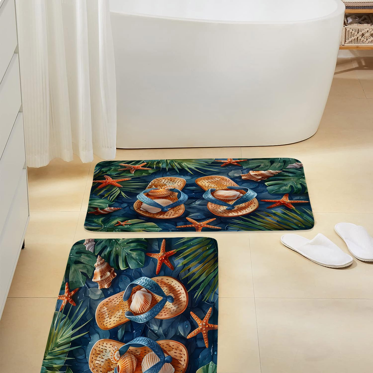 2 Pcs Summer Bath Mat Flip Flops Starfish Seashell Tropical Palm Leaf Monstera Beach Watercolor Memory Foam Soft Doormat Kitchen Bathroom Mat/Rugs