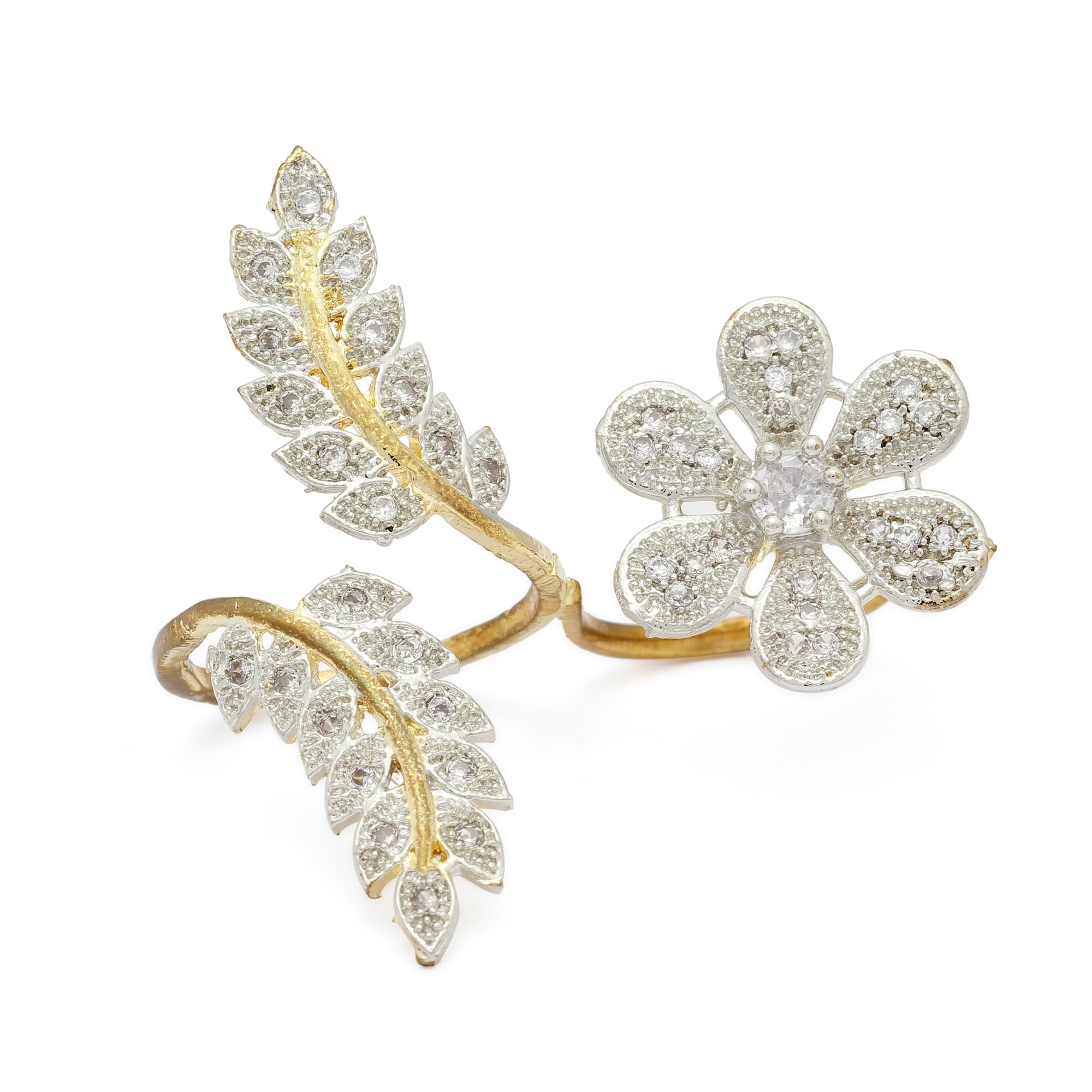 ZENEME Gold-Plated American Diamond Studded Floral & Leaf Shaped Adjustable Double Finger Ring For Girls and Women (White) (B01NA0AW4S) Amazon Price History, Amazon Price Tracker