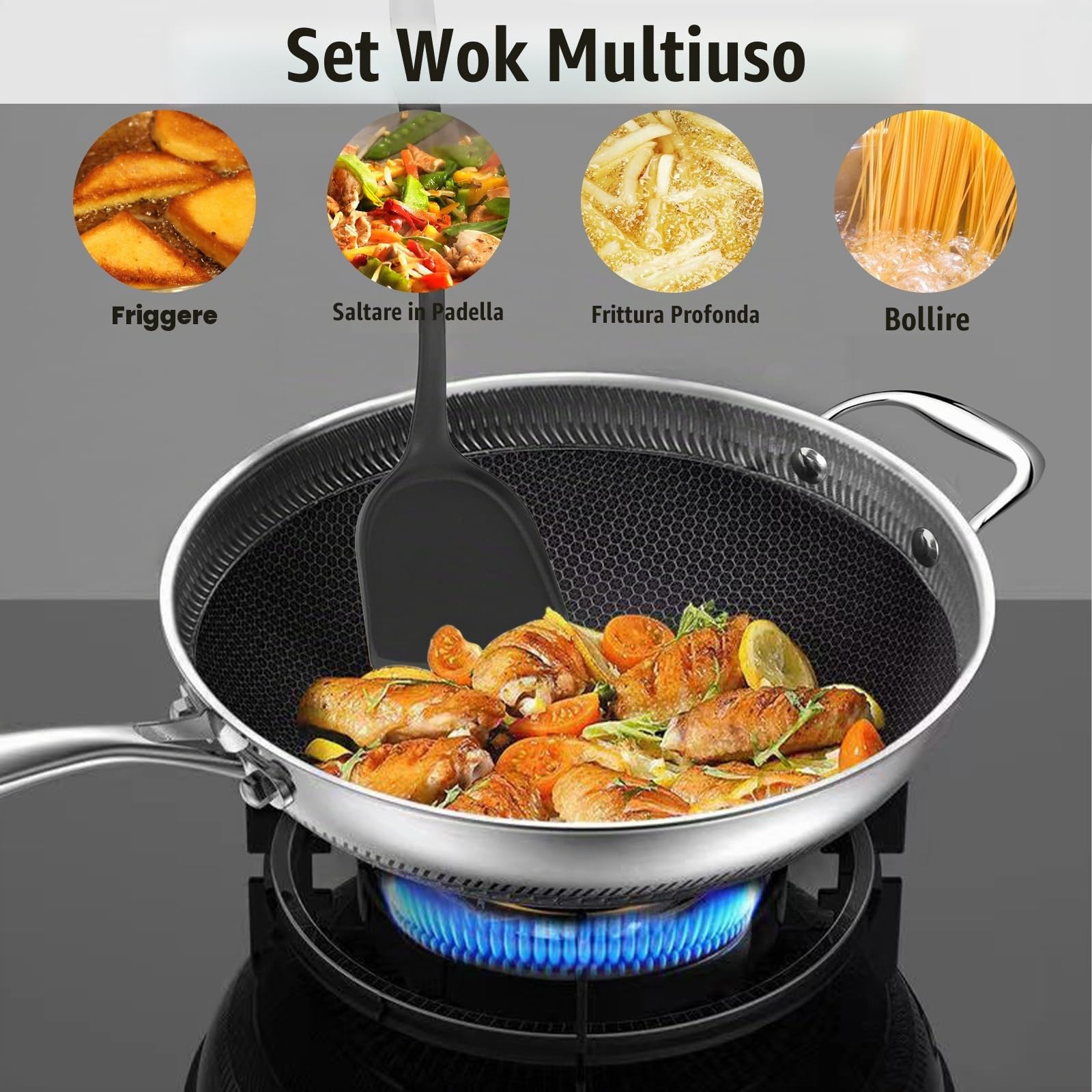 Wok - Padella antiaderente da 32 cm, in acciaio inox, con coperchio, spatola, manico per rimanere freddo, padelle per friggere a induzione, adatte per piani cottura a induzione, in ceramica, elettrici