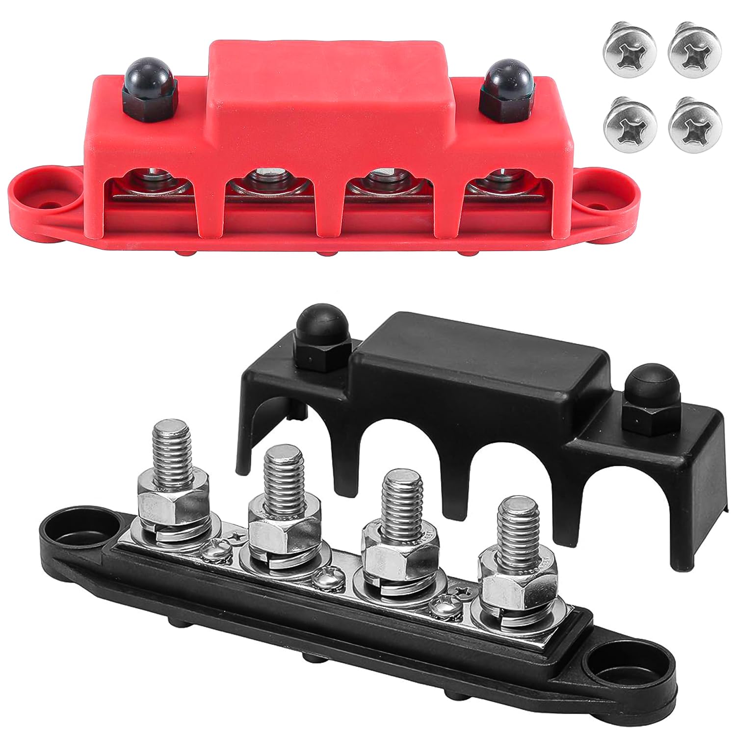 2 pièces Ensemble Jeu de Barres à 4 Voies Noir et Rouge, Bloc de Distribution de Câblage à Boulons en Cuivre 48V250A, Bloc de Distribution de Bus Cc, Jeu de Barres de Yacht RV