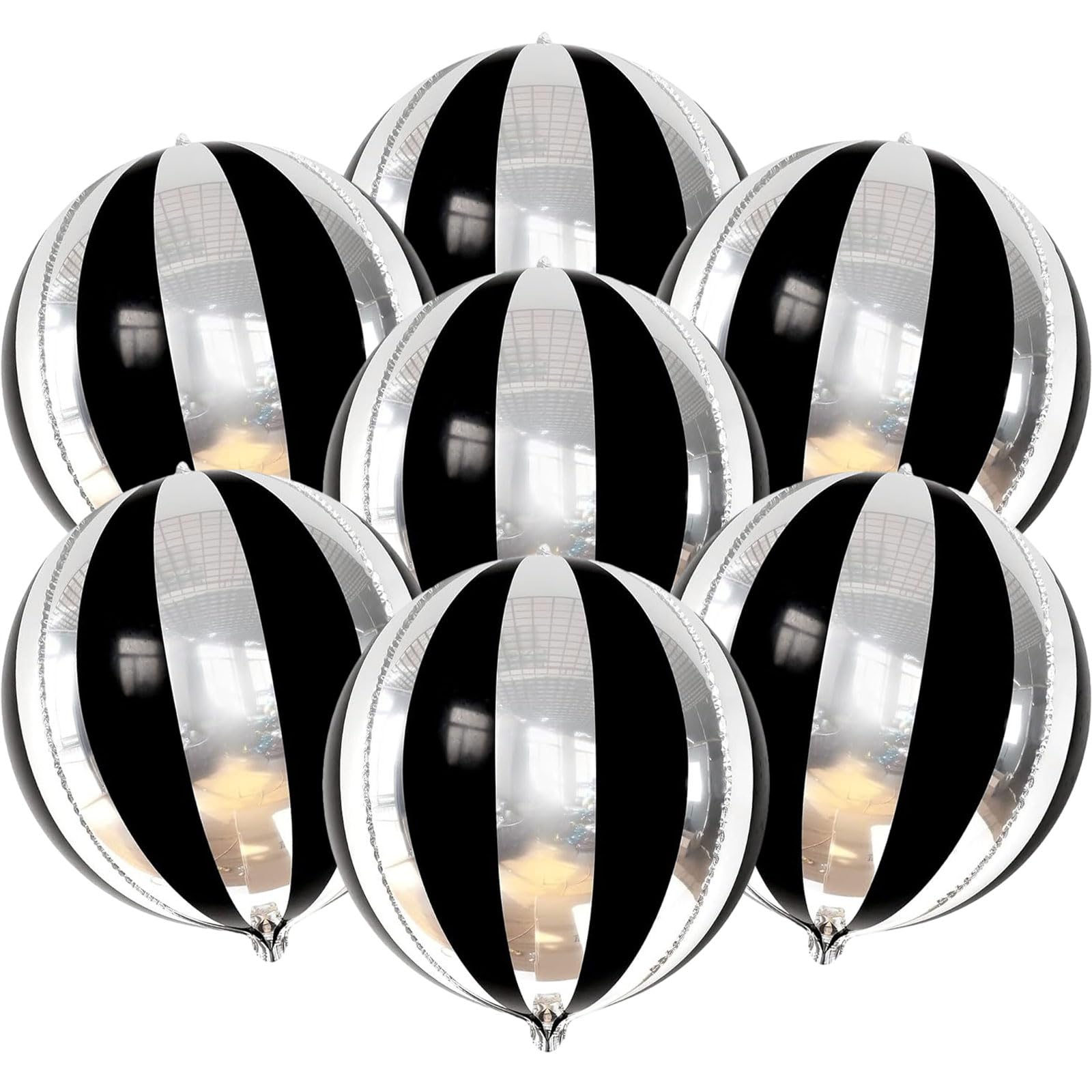 7 Pack Balloons - 22 Inch Large Round Party Balloons with 4D Stripe Mylar Foil for Black & Silver Birthday Party Decorations