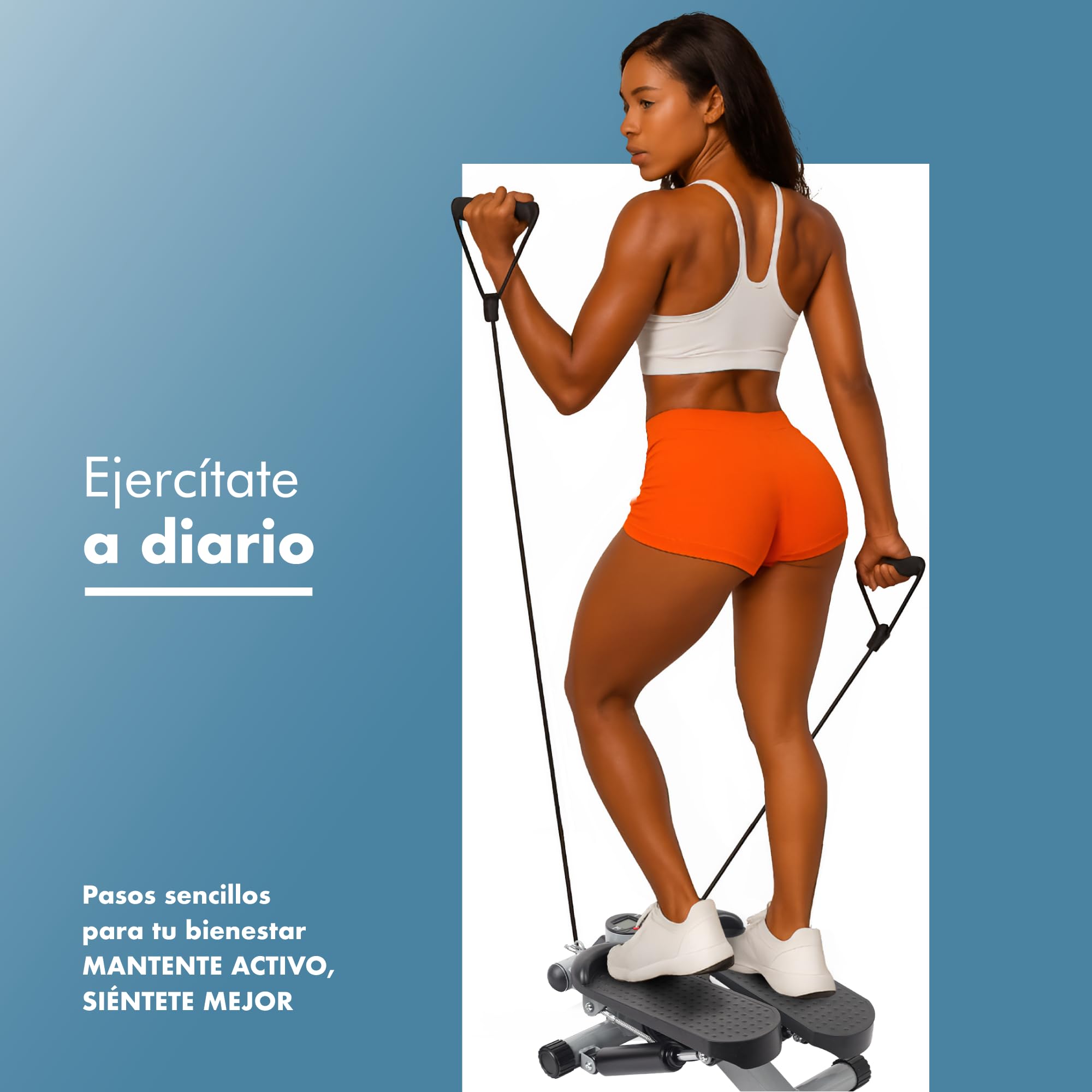 PORTENTUM Mini Stepper Fitness casa con Bandas de Resistencia y Pantalla LCD 5 Funciones — Máquina Steps 3-en-1 para piernas, glúteos y Brazos — Potencia Regulable — Compacto y fácil de Guardar